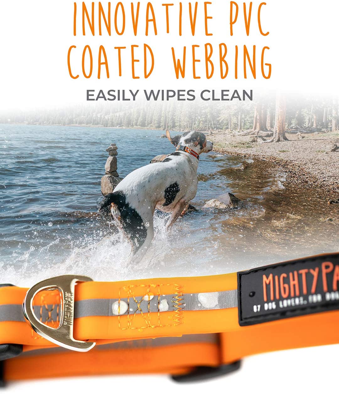 Mighty Paw Waterproof Dog Collar， Smell-Proof Active Dog Gear， Coated Nylon Webbing with Reflective Stripe