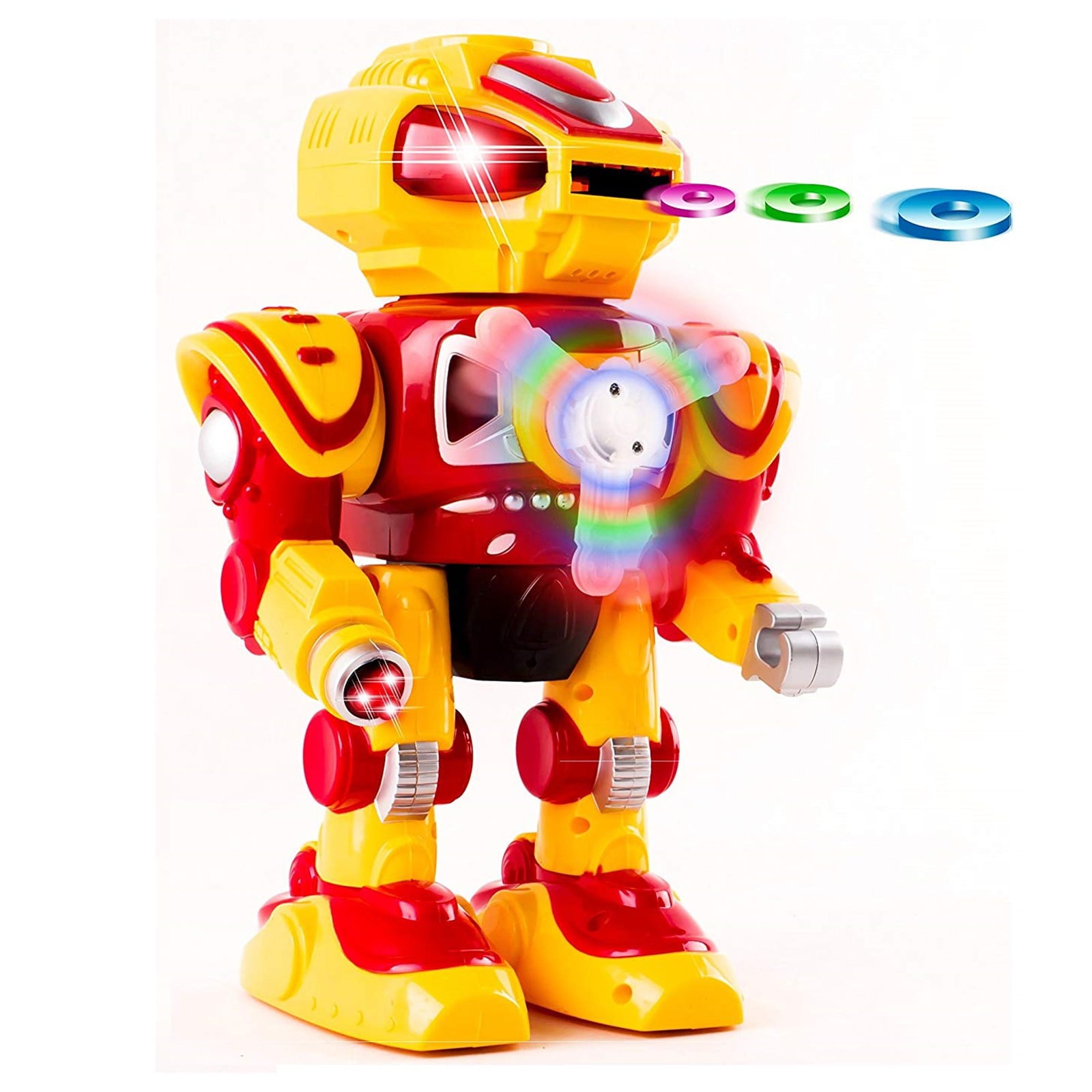Super Android Toy Robot With Disc Shooting Walking Flashing Lights And Sound Features Great Action Toy For Kids Boys Girls Toddlers Battery Operated Yellow