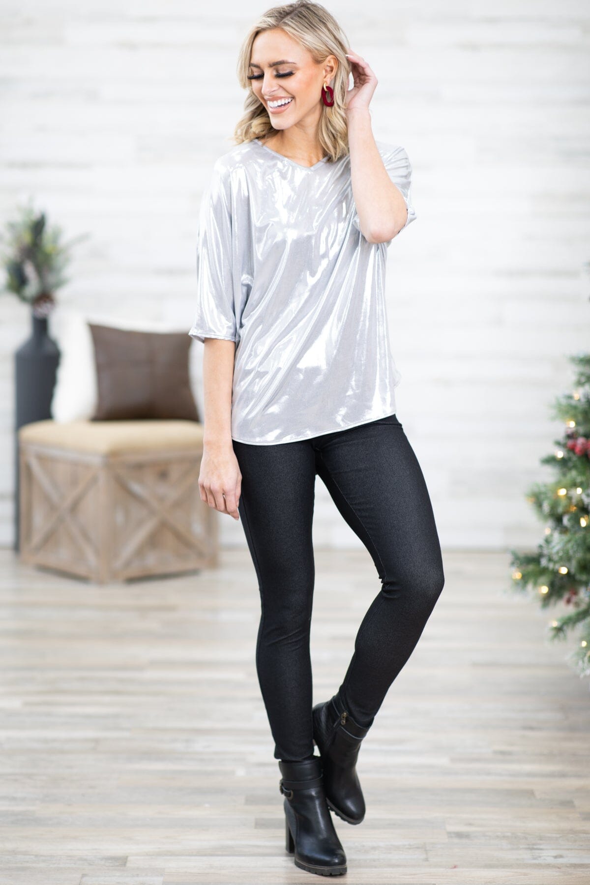 Silver Metallic Dolman Sleeve Top