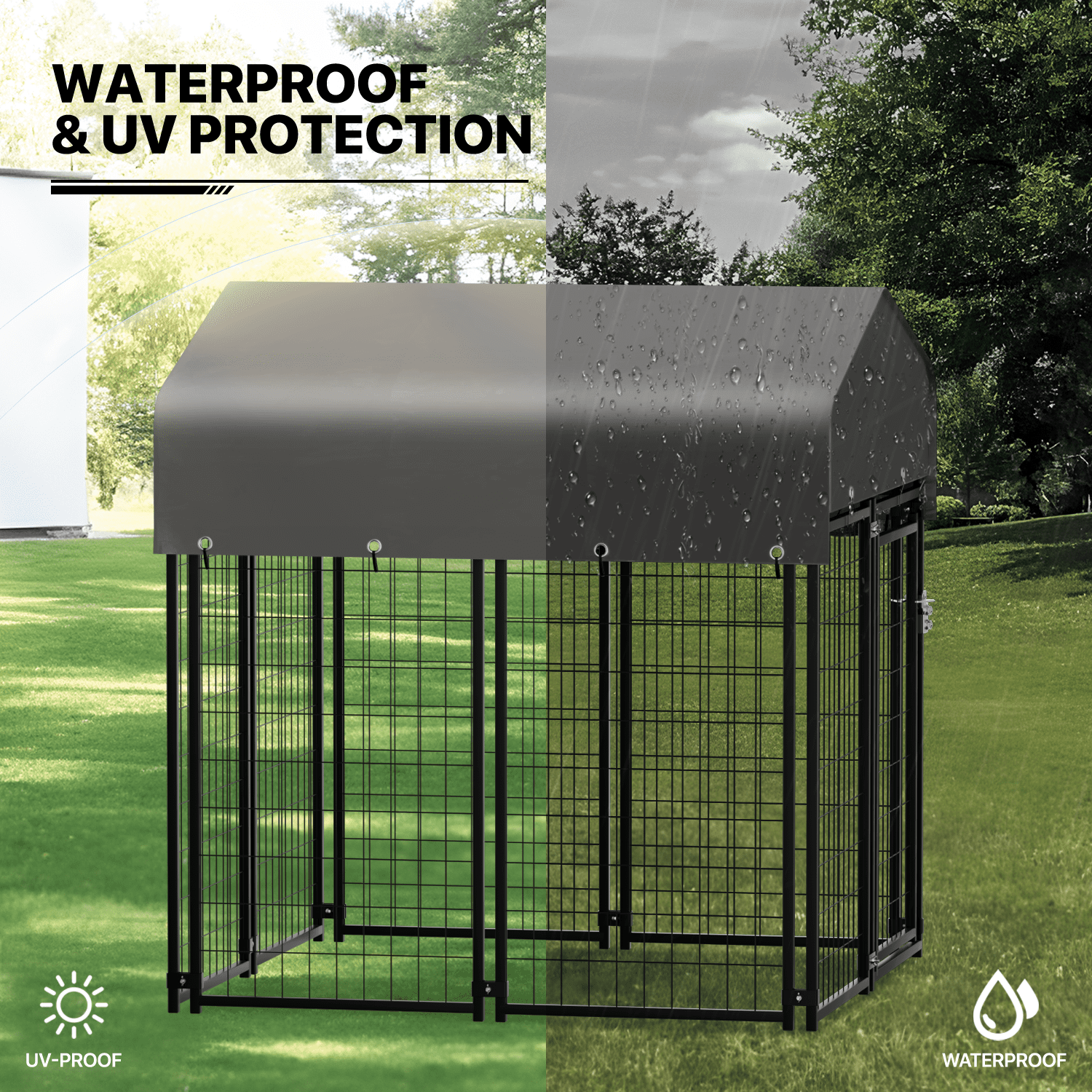 MoNiBloom 4ft x 4.25ft x 4.5ft Outdoor Dog Kennel with UV Protection Waterproof Cover and Roof， 8 Panels Welded Dog Pen Dog Playpen Dog Enclosure for Medium Dogs