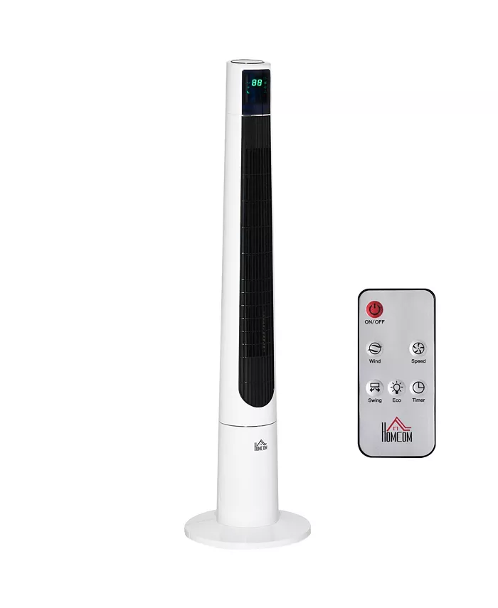 HOMCOM Freestanding Swivel 3-Mode Tower Cooling Fan， Auto Off w Remote， White