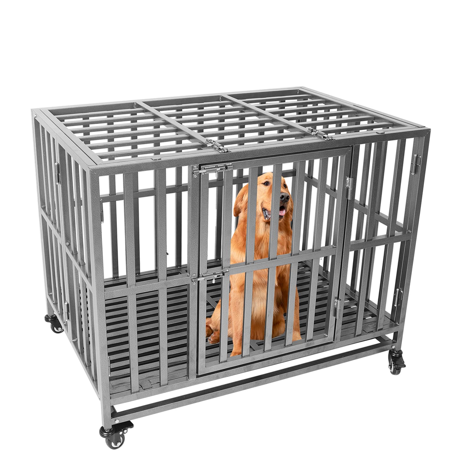 Confote 37Inch Heavy Duty Dog Kennel Strong Metal Dog Cage Pet Crate for Small and Medium Dogs with Four Lockable Wheels， Removeable Tray(Stretching Install)