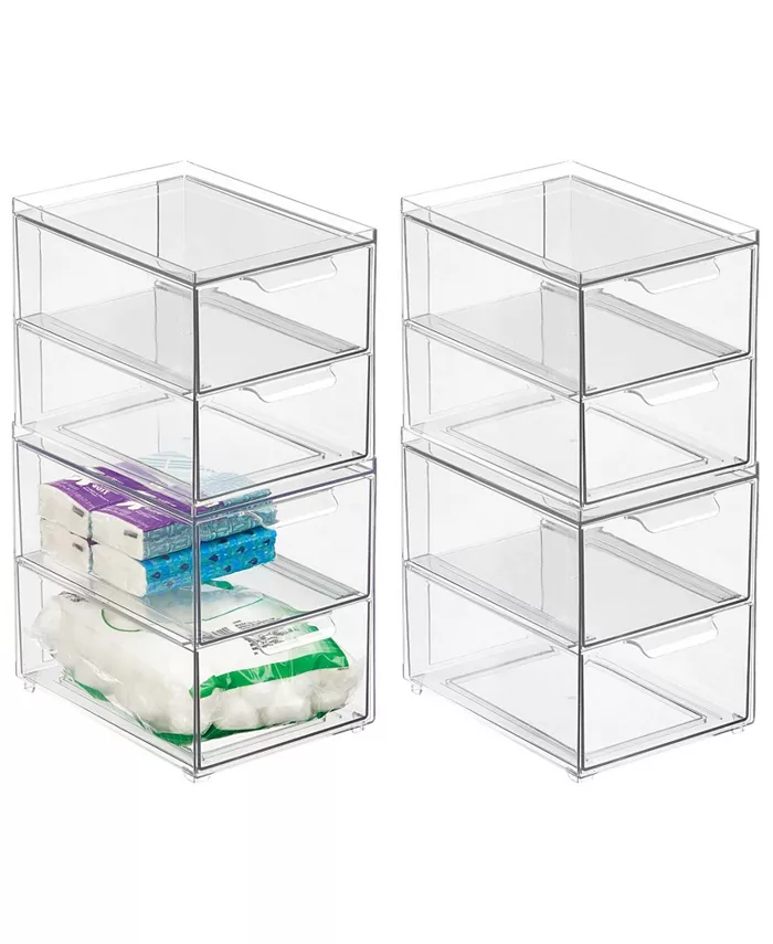 mDesign Plastic Stackable Bathroom Vanity Storage Organizer with Drawer， Medium - 4 Pack