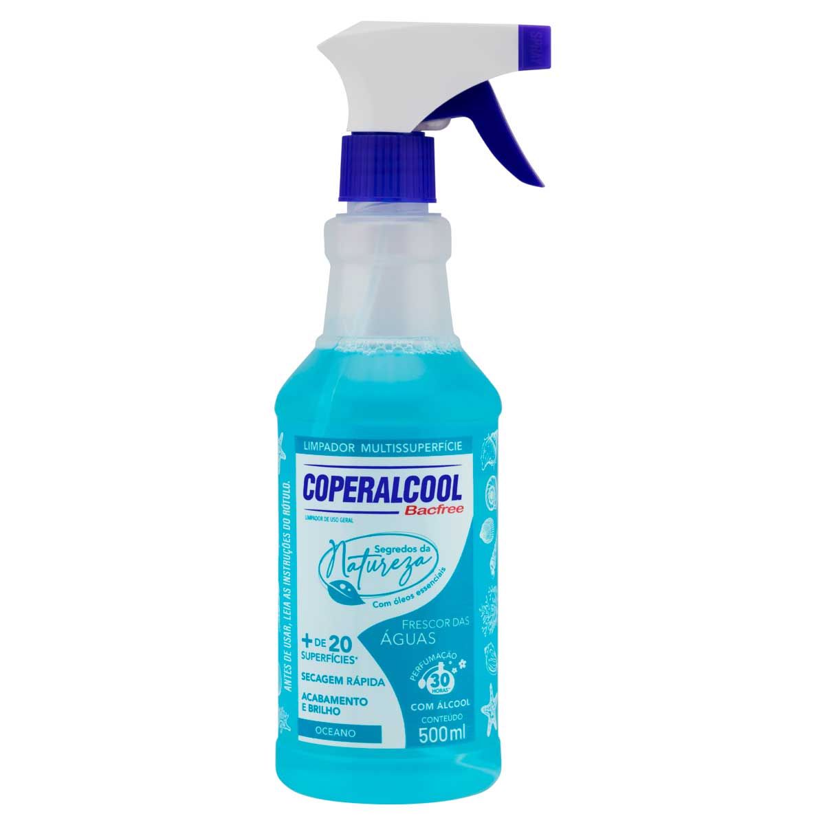 Limpador Liquido com Alcool Frescor das Aguas Coperalcool Bacfree Segredos da Natureza 500ml Borrifador