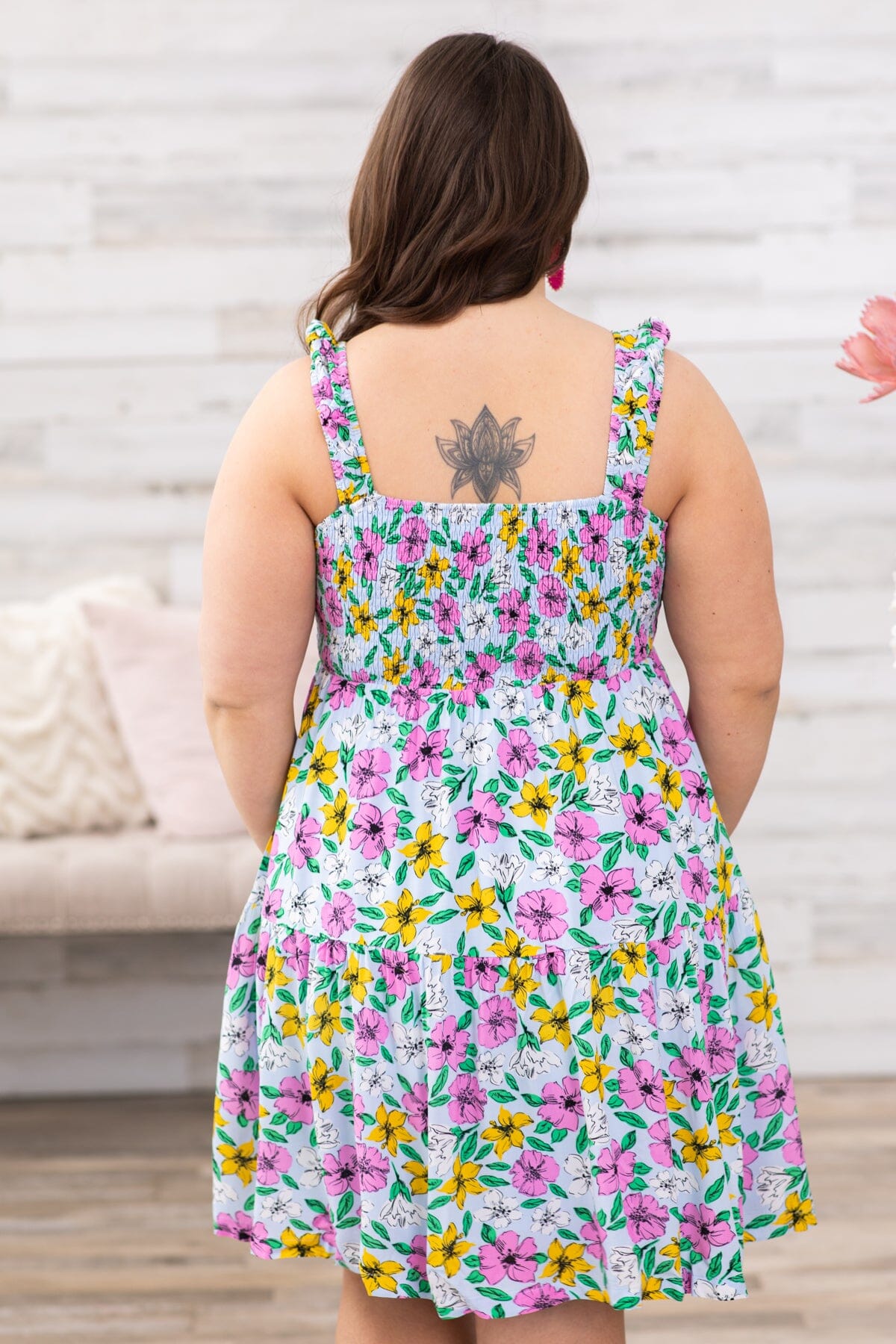 Pink Multicolor Floral Smocked Bodice Dress