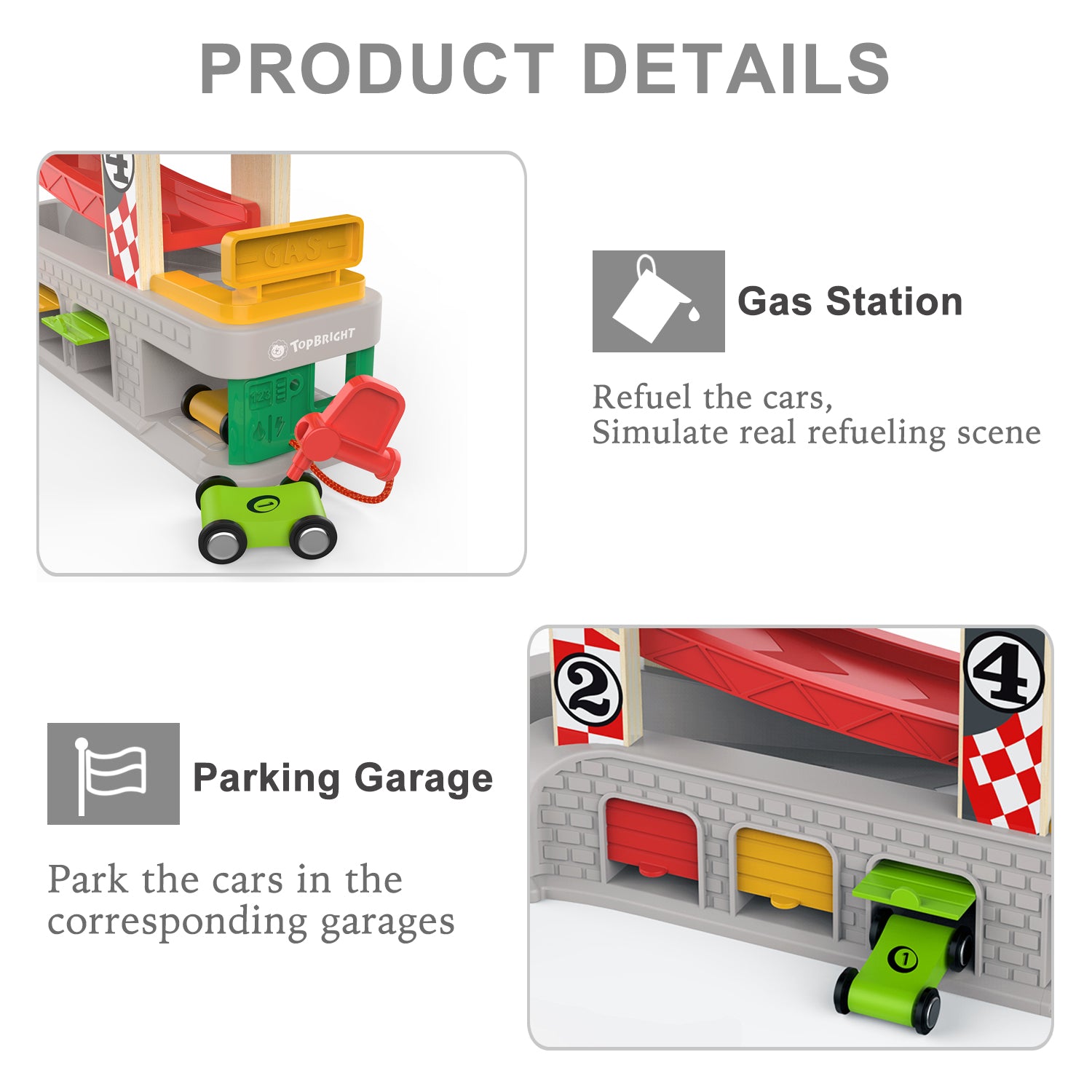 TOP BRIGHT Car Ramp Toy for 2 3 Year Old Boy Gifts， Toddler Race Track Toy for 18 Month Old with 4 Wooden Cars and 3 Car Garage