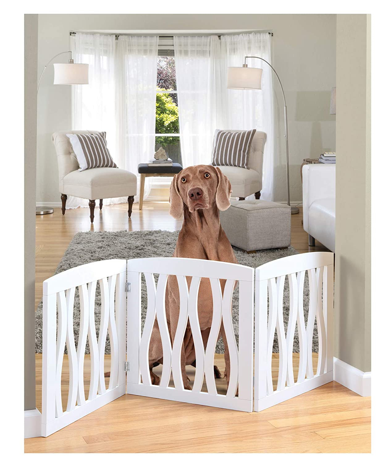 Zoogamo White Wooden Waves Design Pet Gate， Indoor， Outdoor Barrier for Stairs