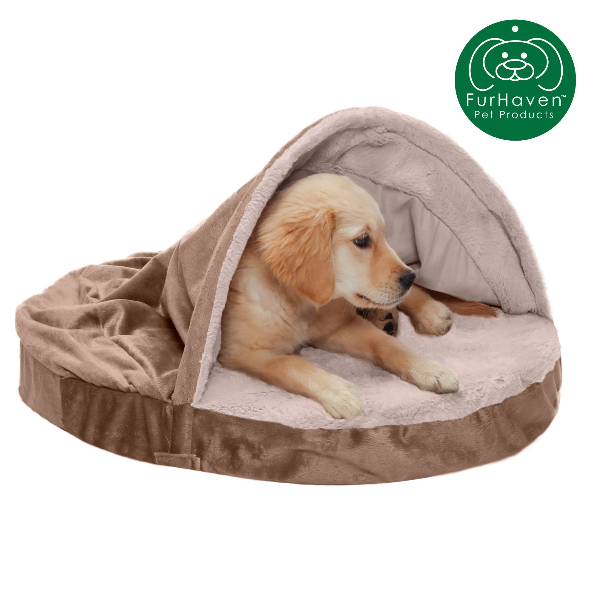 FurHaven | Memory Foam Wave Fur and Velvet Snuggery Burrow Pet Bed for Dogs and Cats， Brownstone， 26-Inch