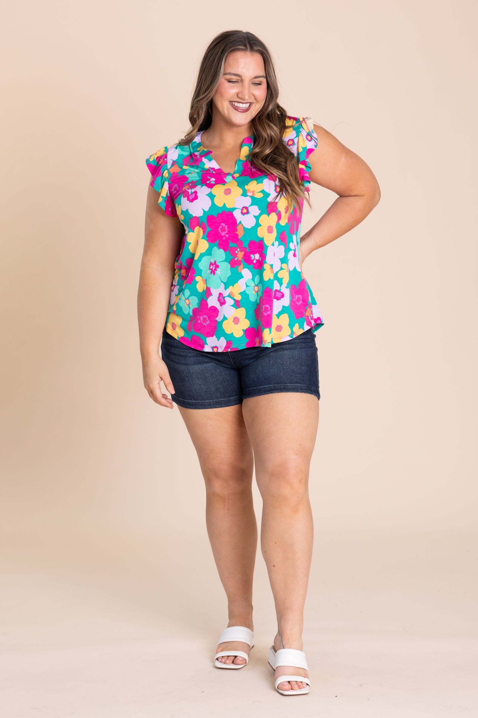 Jade Floral Ruffle Sleeve Wrinkle Free Top