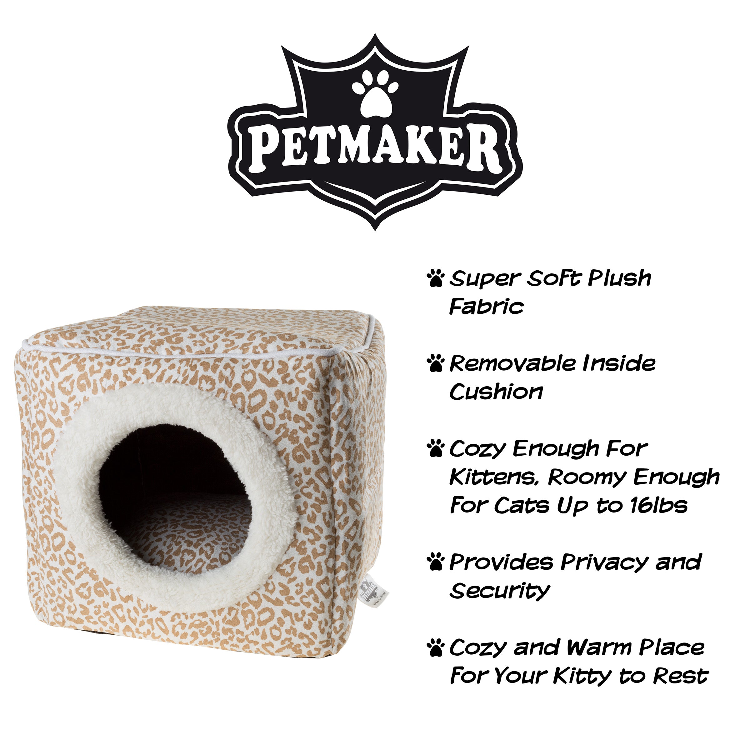 Cat House - Indoor Bed with Removable Foam Cushion - Cat Cave for Puppies， Rabbits， Guinea Pigs， and Other Small Animals by PETMAKER (Animal Print)