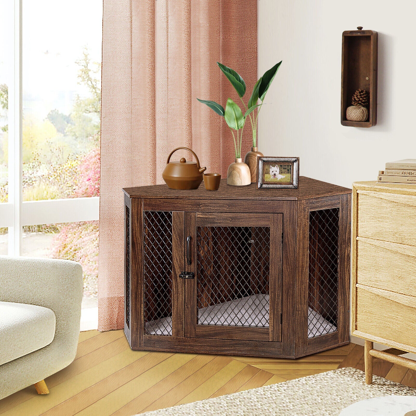 Dog Crate - Indoor Corner Cat And Dog Cage With Cushion(Medium/Large)