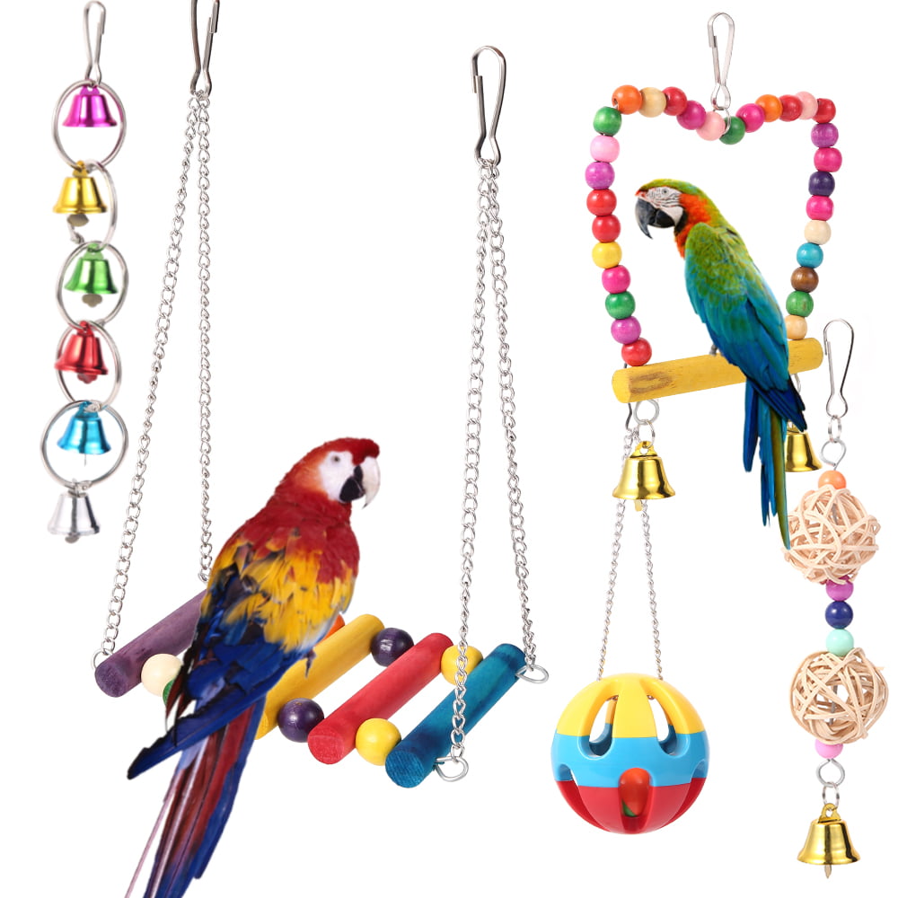 5 Packs Bird Swing Chewing Toys Parrot Toy Bird Cage Bell String Swing Bite Toys Parrot Hammock Bell Toys Bird Cage Hanging Toy with Wood Beads for Parakeets Cockatiels Conures Finches Budgie