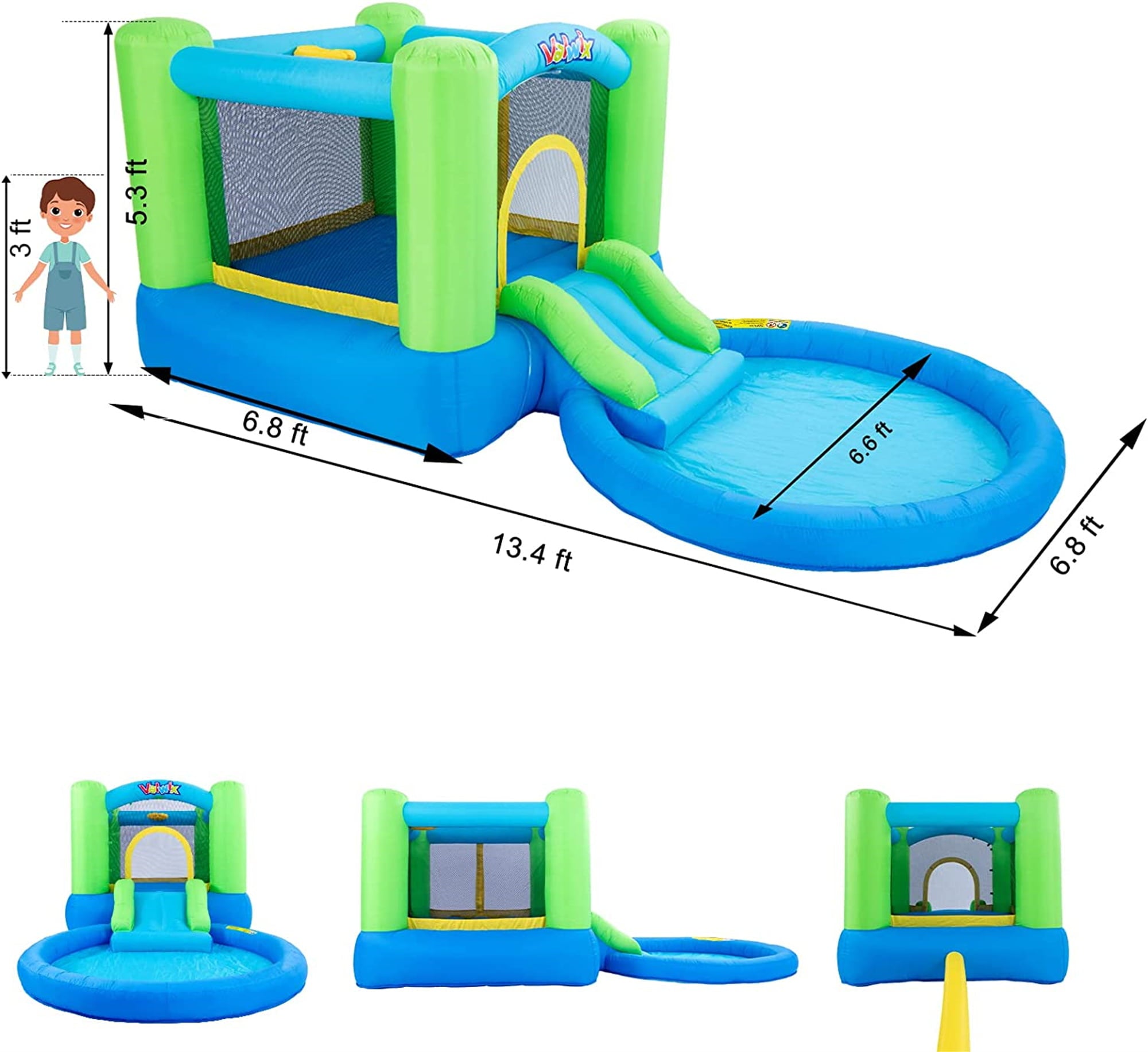 Valwix Inflatable Bounce House with Blower， Bouncy Castle w/ Waterslide and Pool for Wet Dry Combo， Bouncer w/ Repair Kits， Fun Bounce Area with Basketball Hoop