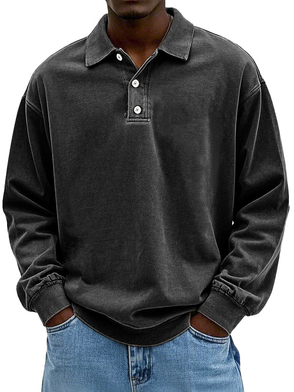 🎄Christmas Sale🔥Men's Fashion Retro Washed Distressed Cotton Lapel Long Sleeve Polo Shirt