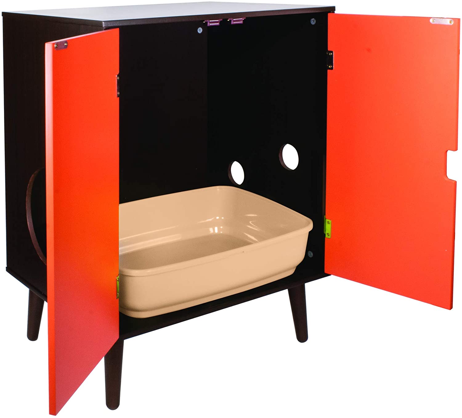 Penn-Plax Cat Walk Furniture: Contemporary Home Cat Litter Hide-Away Cabinet – Espresso with Orange Doors