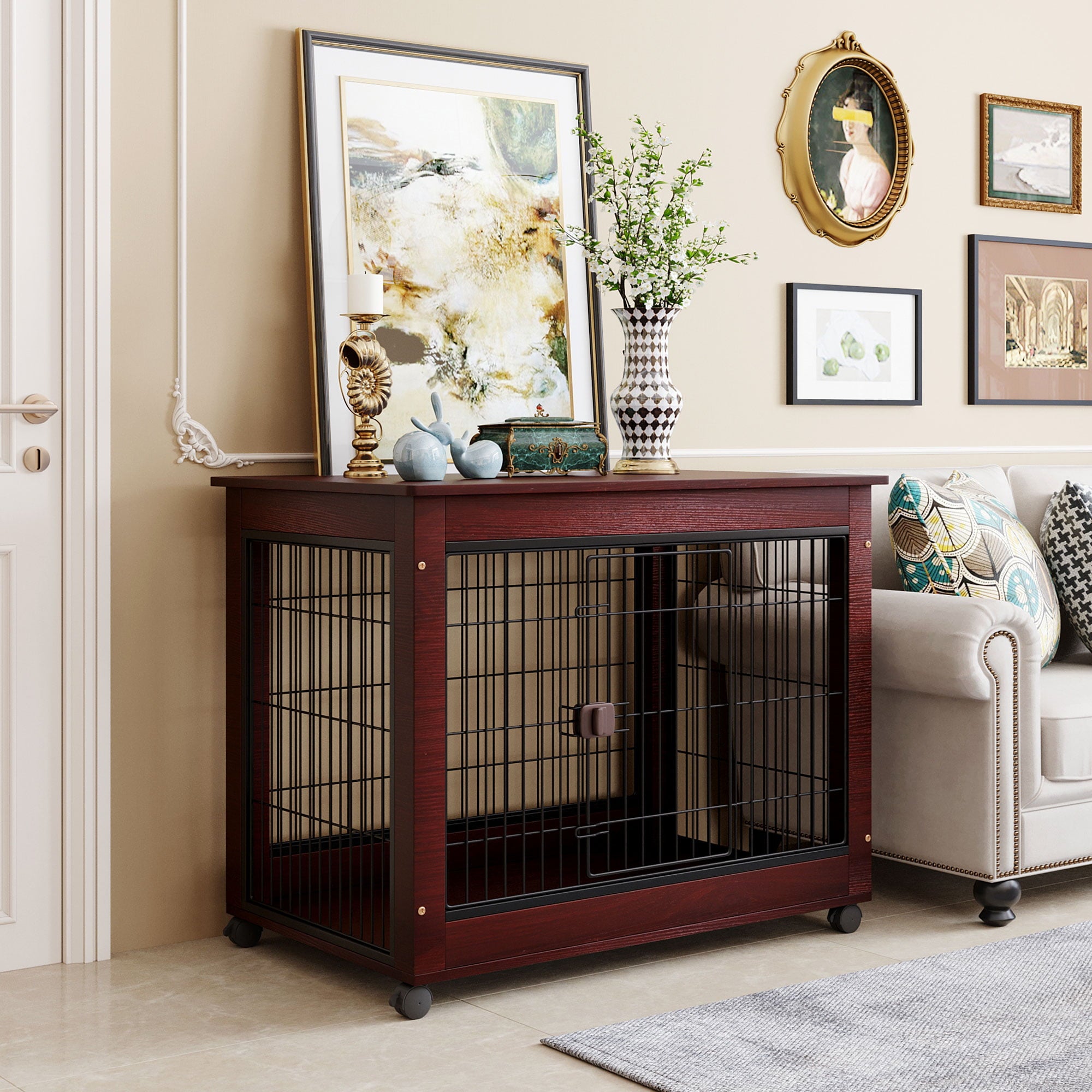 39” Length Dog Crate Cage End Table， Furniture Style Pet Dog Crate Cage Sofa Table with Wooden Structure and Iron Wire and Lockable Caters， Medium and Large Dog House Indoor Use
