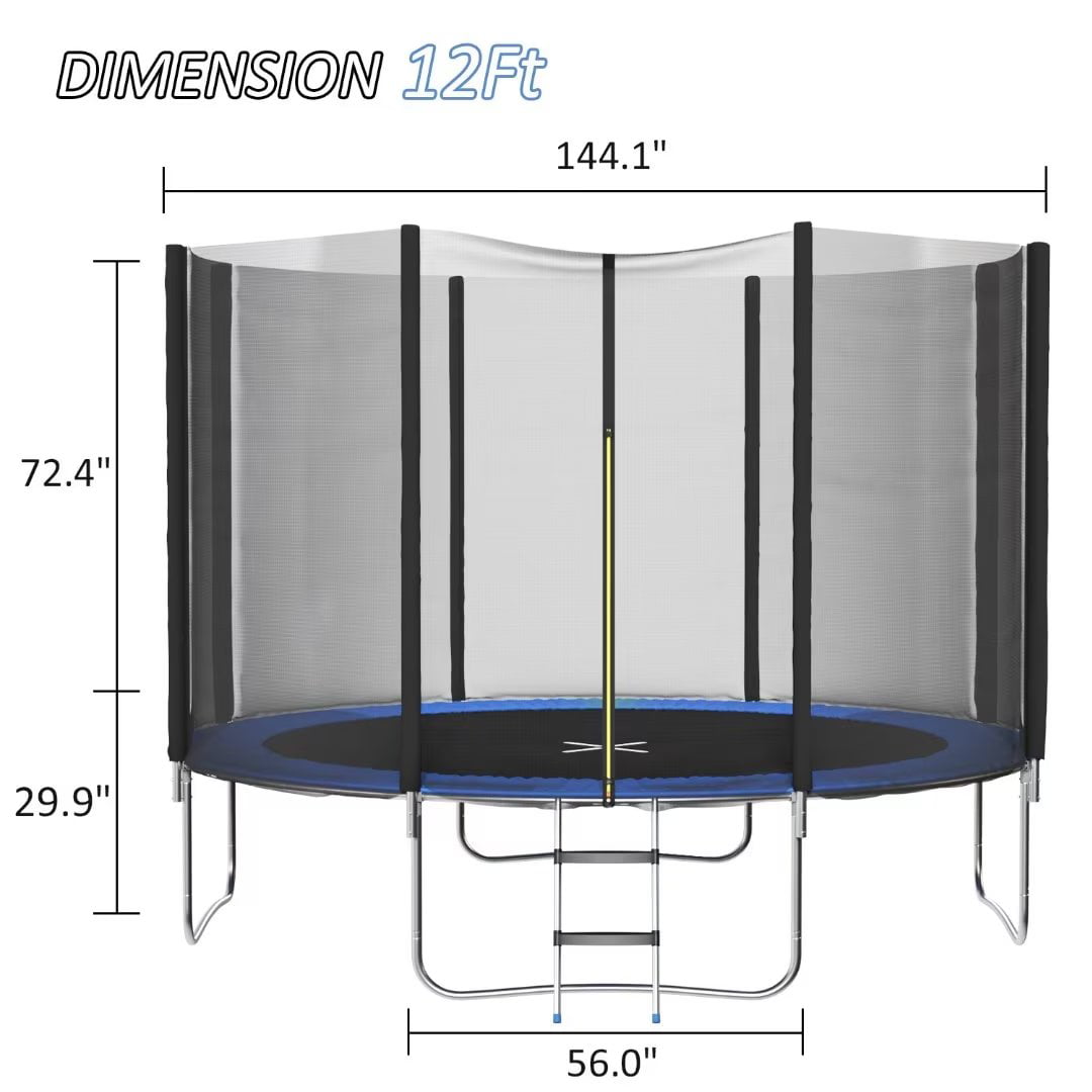 Vineego Trampoline 12FT Outdoor Recreational Jumping Bed with Safety Net and Ladder Backyard Trampolines，Blue