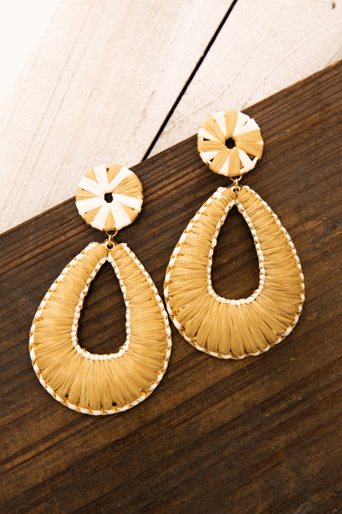 Tan Raffia Wrapped Teardrop Earrings