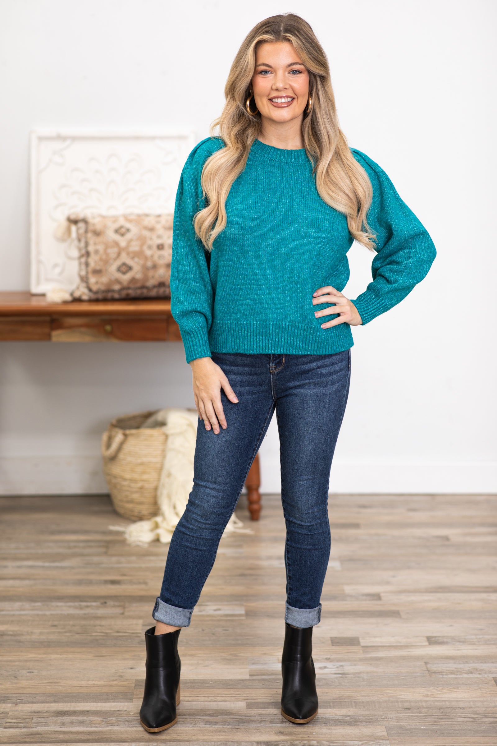 Teal Melange Puff Sleeve Sweater