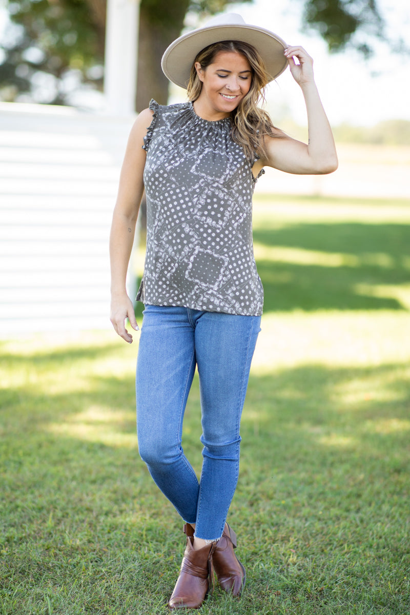 Olive Ruffle Trim Paisley Patchwork Tank