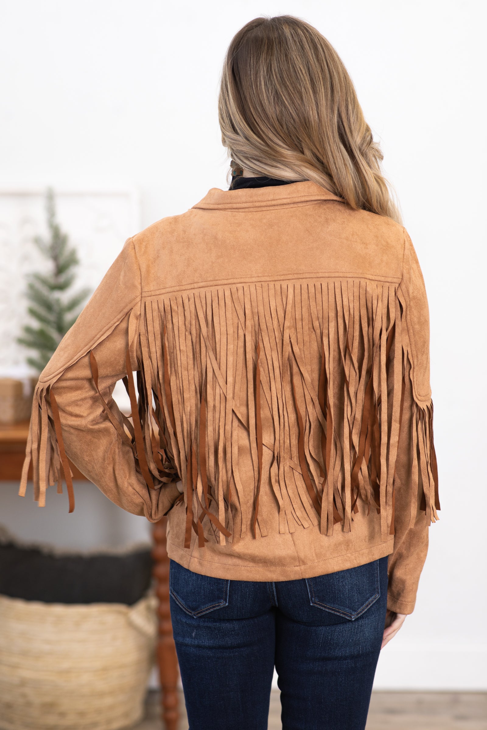 Camel Vegan Suede Jacket With Fringe