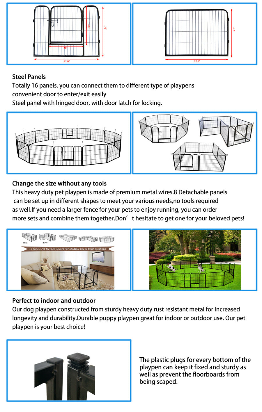 Dog Fence Pet Playpen - Heavy Duty Foldable Metal 16 Panels Dog Pen 24