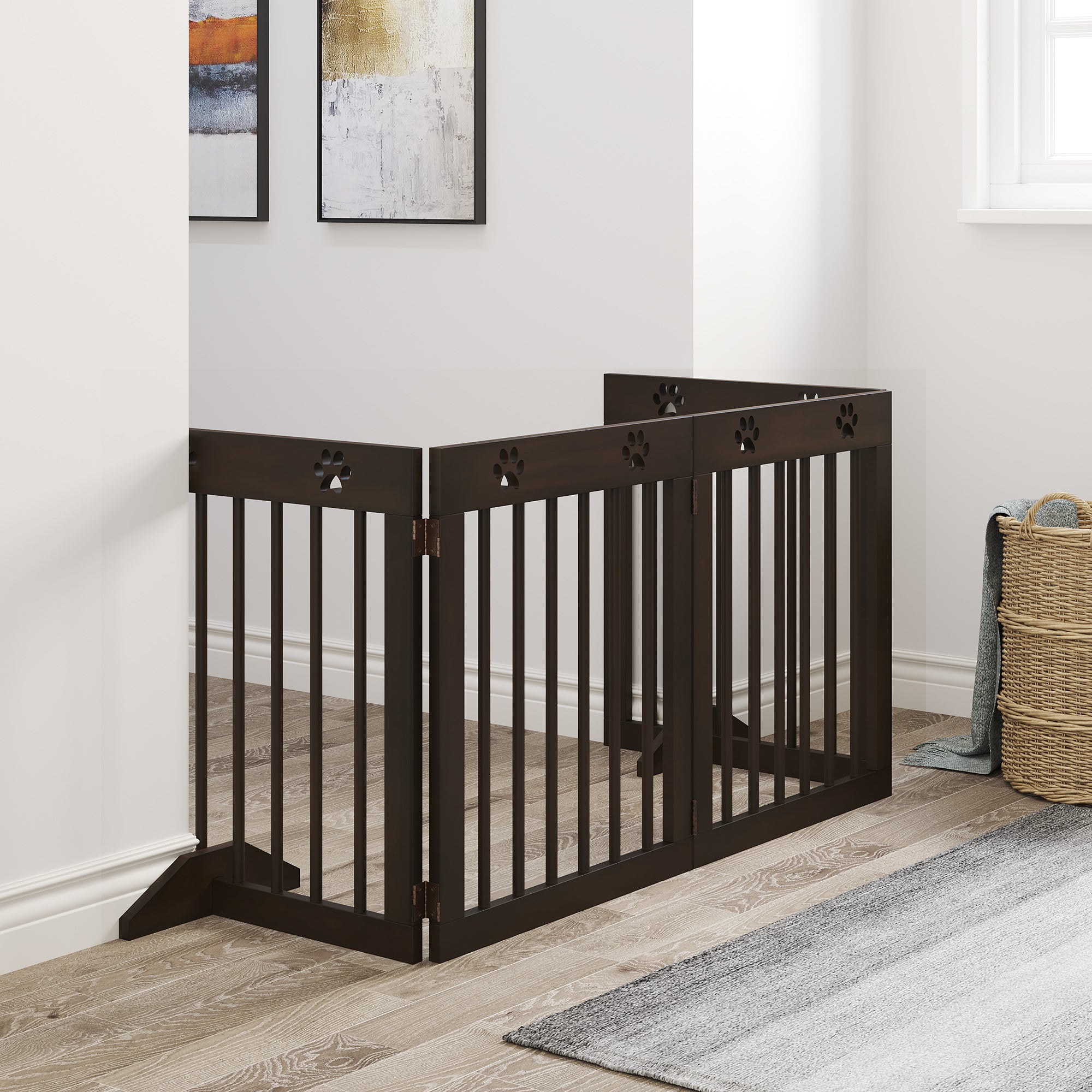 PawHut Freestanding Pet Gate， Wooden Dog Barrier， Folding Safety Fence with 4 Panel， Support Feet up to 80.25