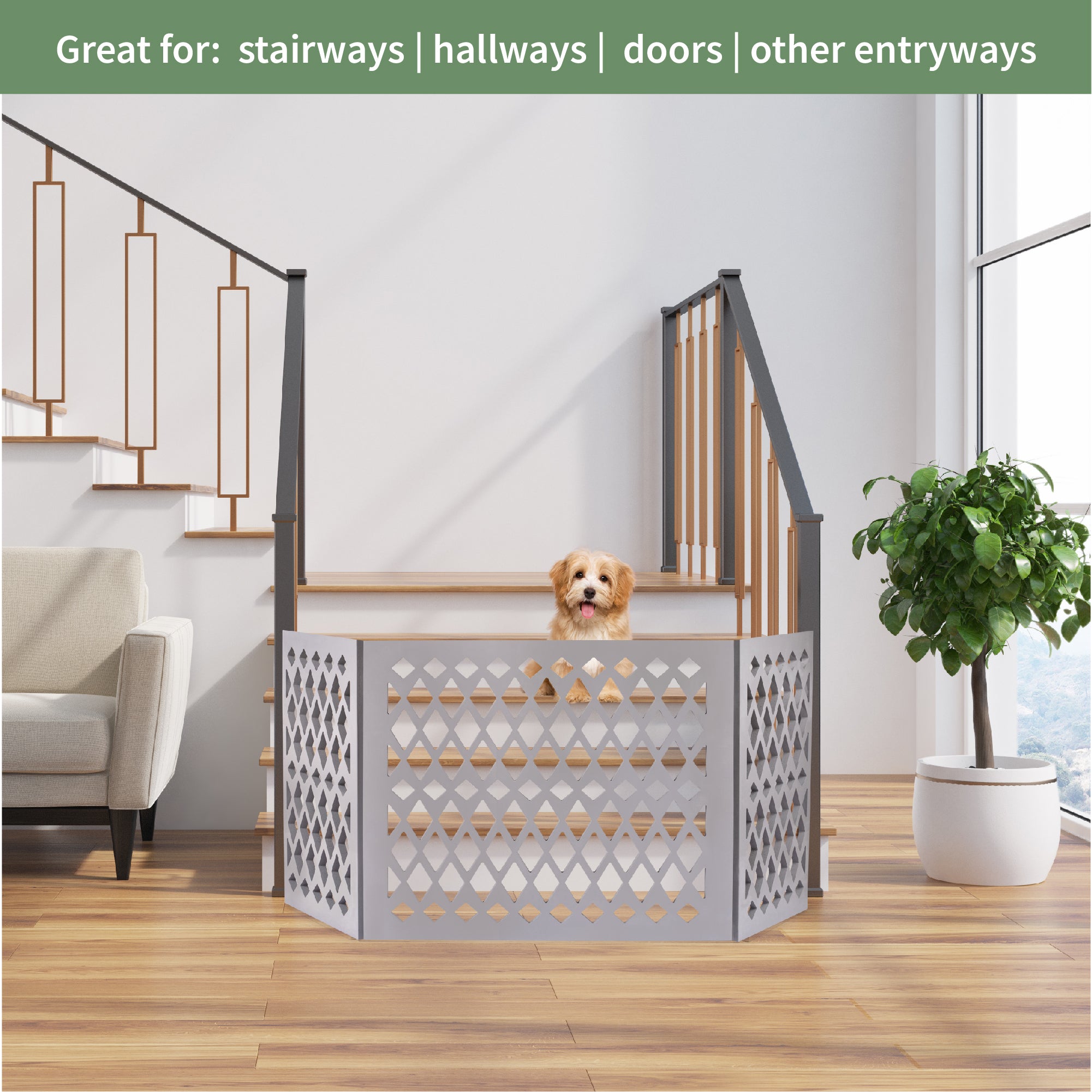 Hoovy Freestanding Decorative Pet Gate: Folding and Extending Dog and Puppy Gate for Home and Office Use | Keeps Pets Safe and Restricted to an Area | No Assembly Required (Diamond Decor， Grey)