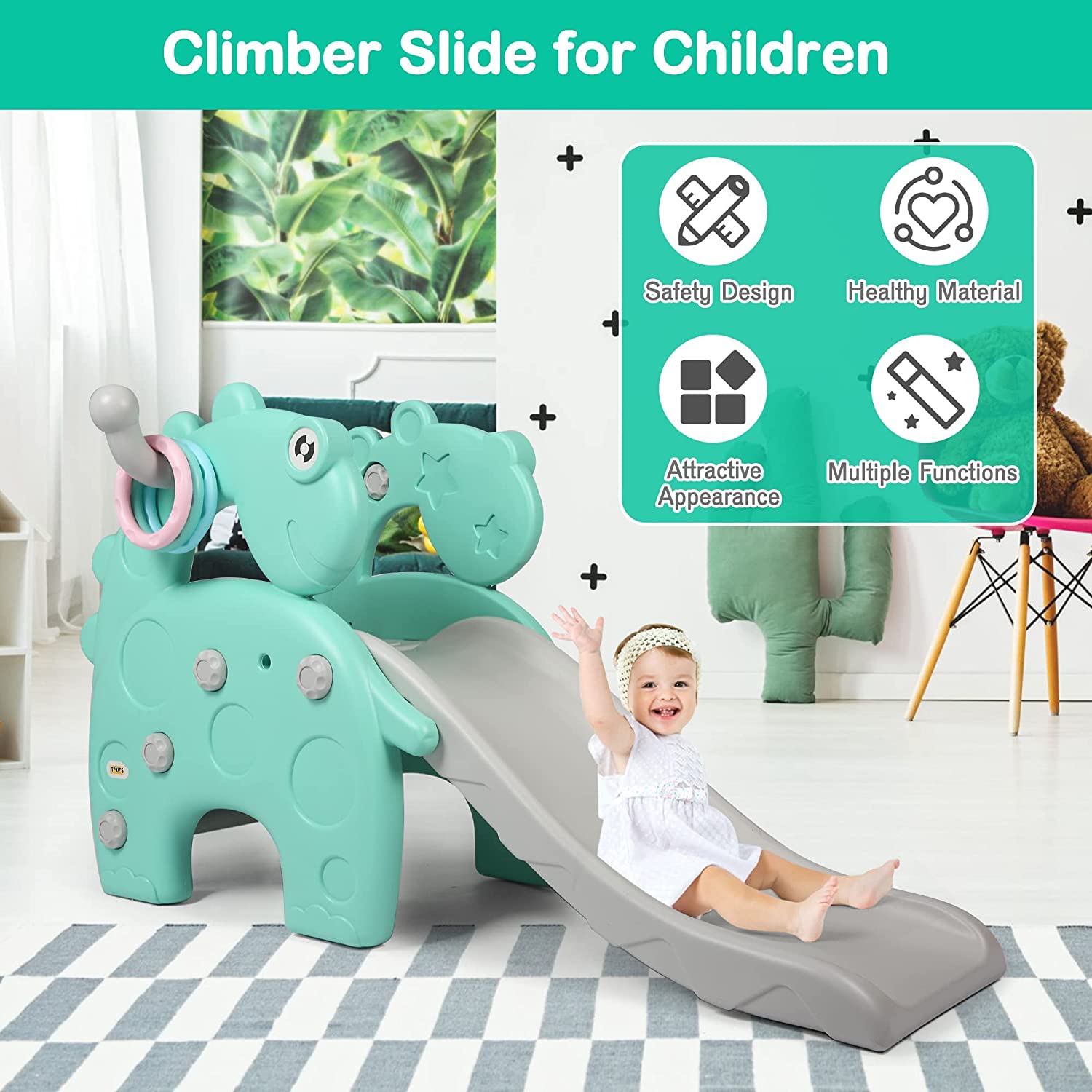 Toddlers Slide and Climber Set - 4 in 1 Play Slide + 3-Step Climbers + Basketball Hoop + 3-Color Ring Toss， Kids Indoor Slide Slipping Backyard Playground Have Fun， Green
