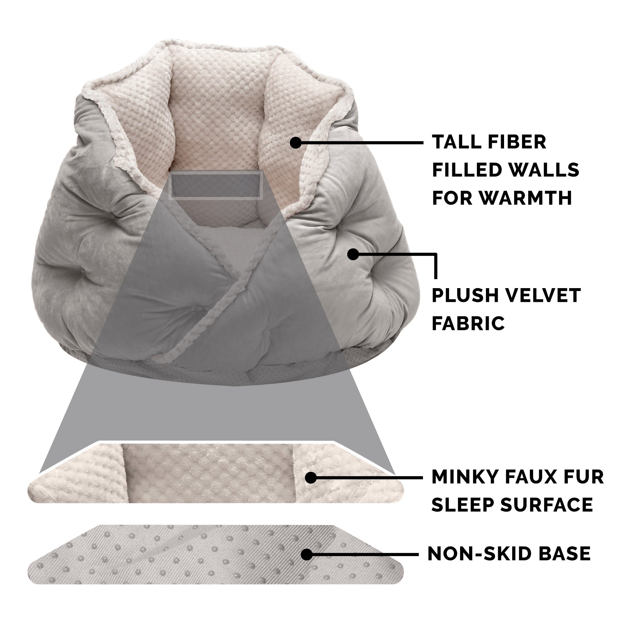 FurHaven | Minky Faux Fur and Velvet Hug Bed for Dogs and Cats， Silver Gray， Small/Toy/Teacup