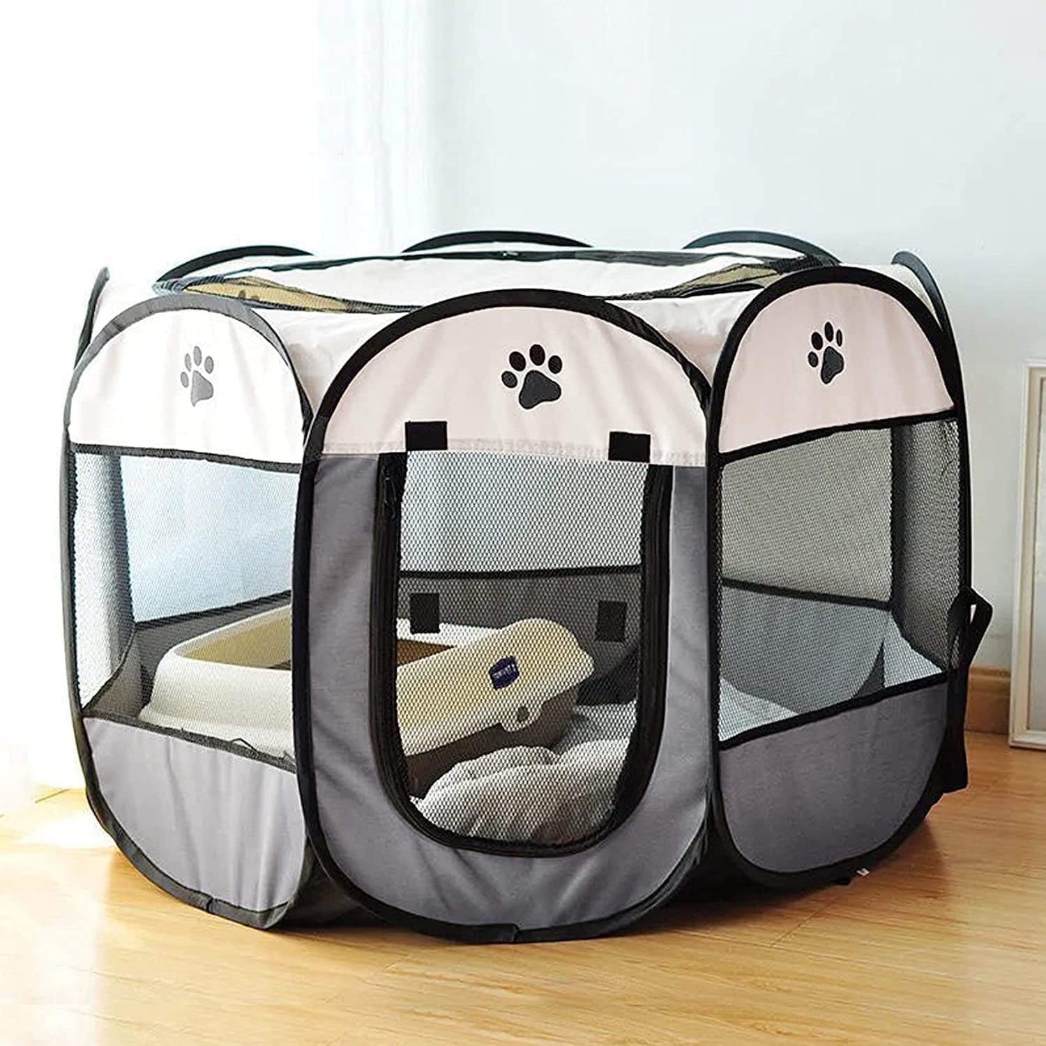 Portable Dog Playpen Puppy Playpen Indooor，Dog Pen Indoor Outdoor Foldable Cat Playpen Dog Playpen for Small Dogs Play Pens for Puppys Outdoor Cat Playpen， White and Gray