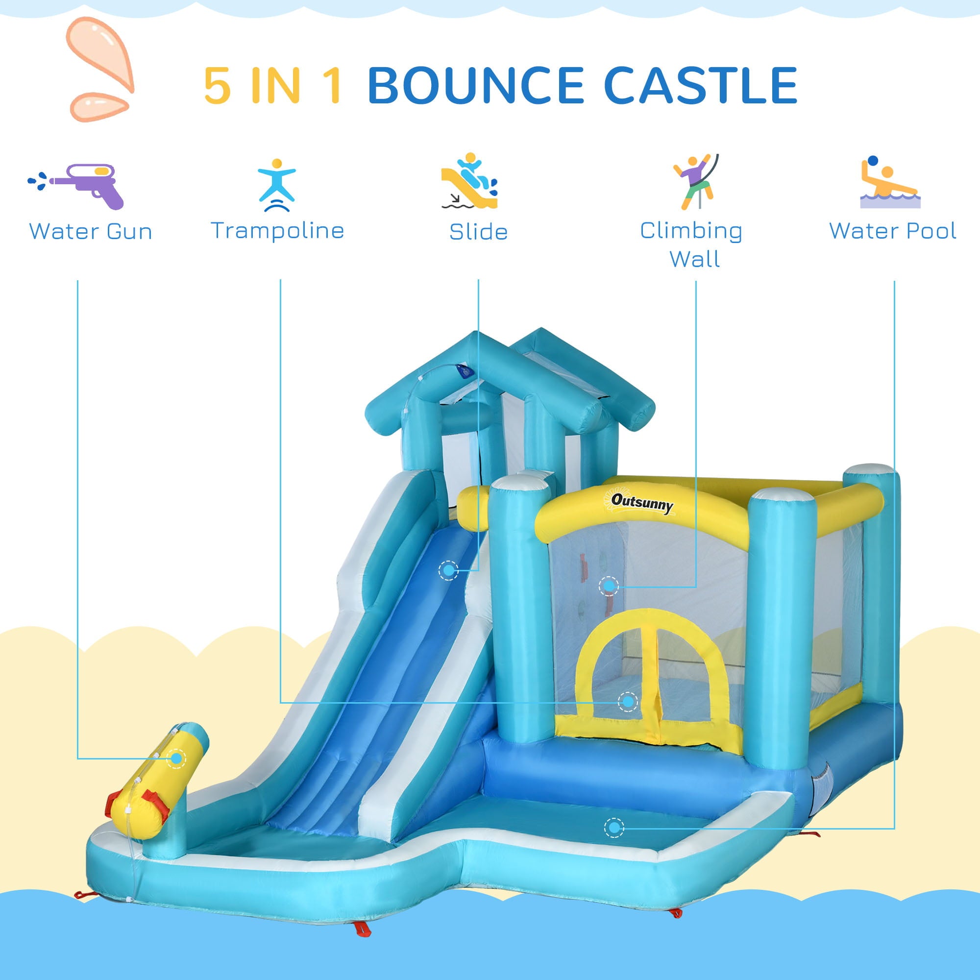 Outsunny 5-in-1 Inflatable Water Slide， Kids Castle Bounce House with Slide， Trampoline， Pool， Cannon， Climbing Wall Includes Carry Bag， Repair Patches， Ocean Balls， 680W Air Blower