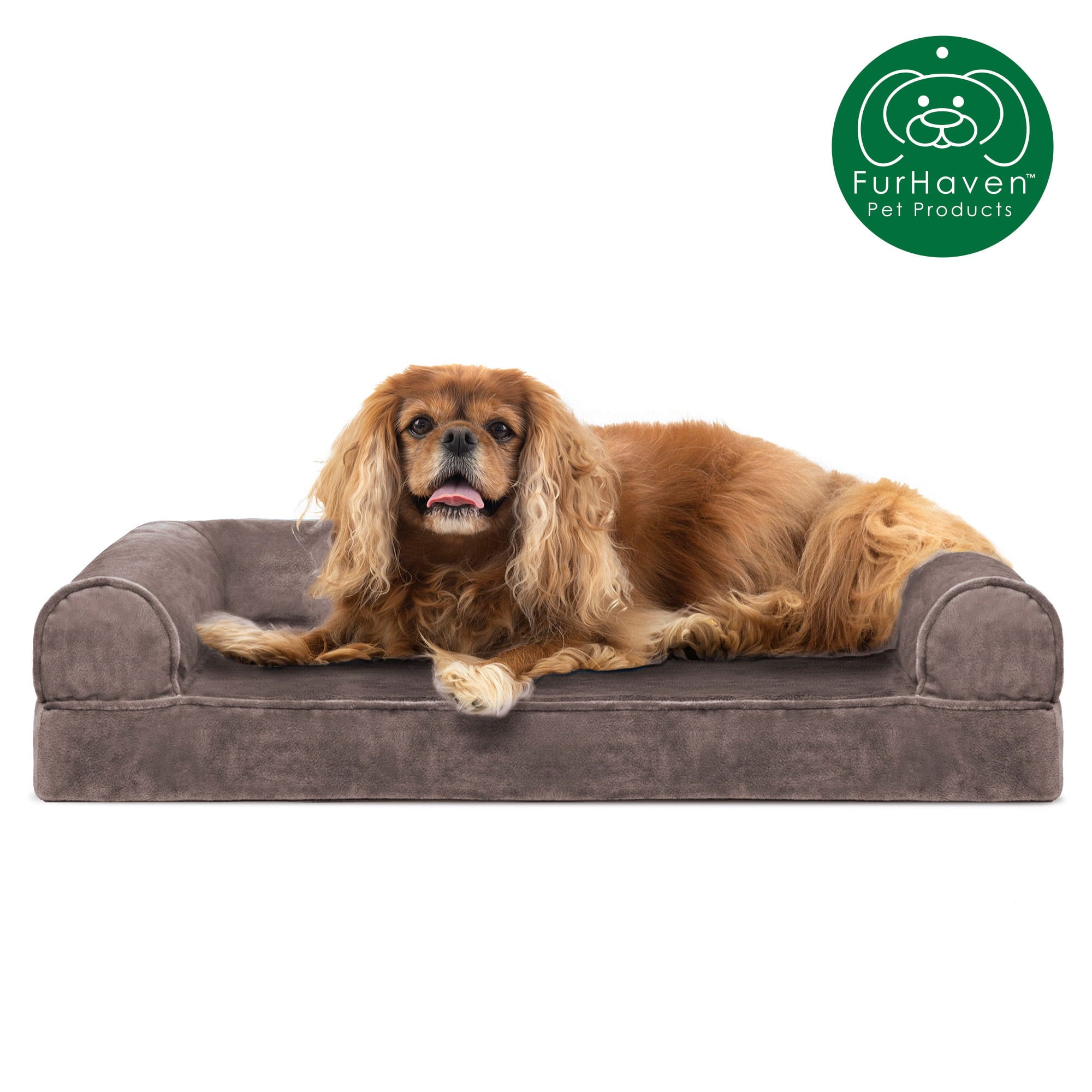FurHaven Pet Dog Bed | Cooling Gel Memory Foam Orthopedic Faux Fur and Velvet Sofa-Style Couch Pet Bed for Dogs and Cats， Driftwood Brown， Medium