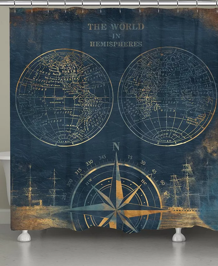 Laural Home Golden Comp Blue World Map Shower Curtain