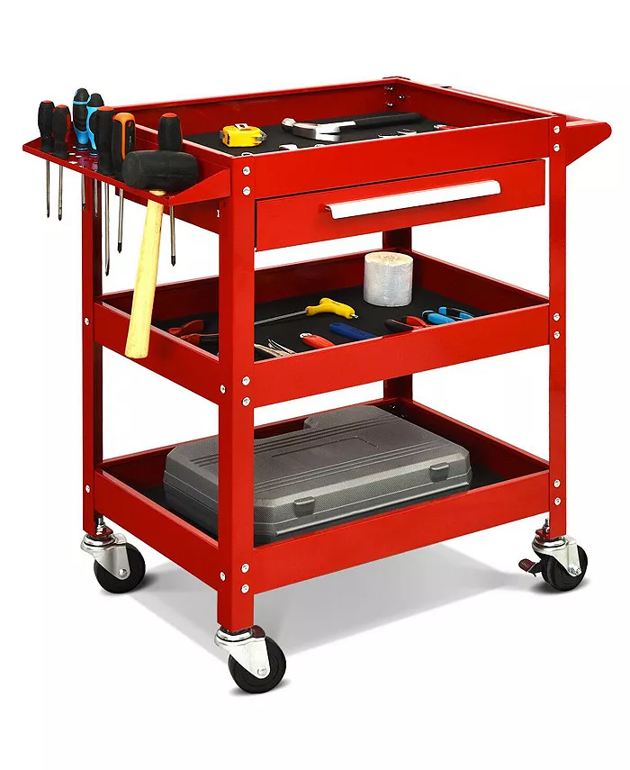 Costway Three Tray Rolling Tool Cart Mechanic Cabinet Storage ToolBox Organizer w Drawer