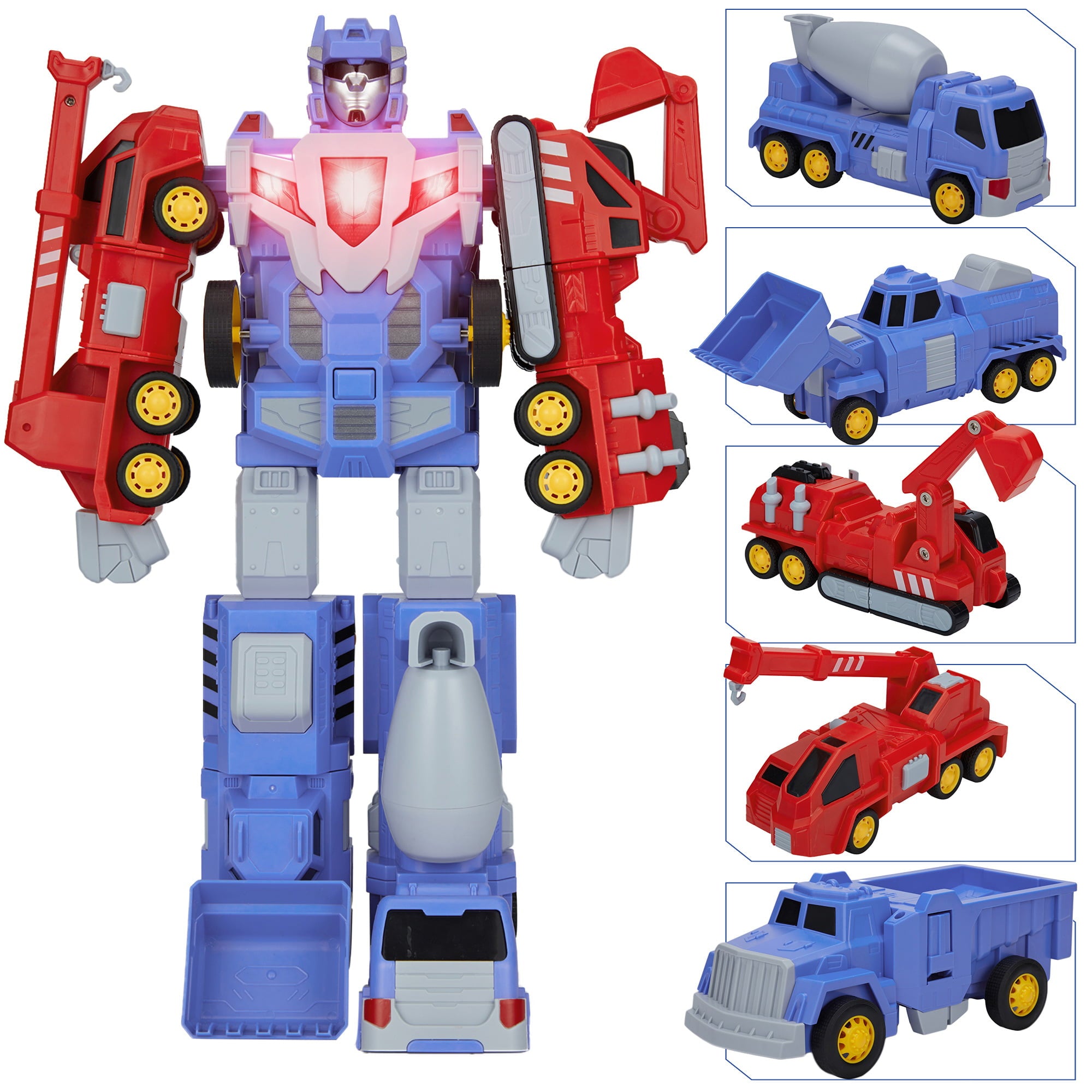 LELINTA Truck Transforming Robot Toy Cars Gift for Kids， 5-in-1 Construction Vehicles Transformer into Robot Action Figures， Assemble into Giant Pull-Back Truck with Sound and light