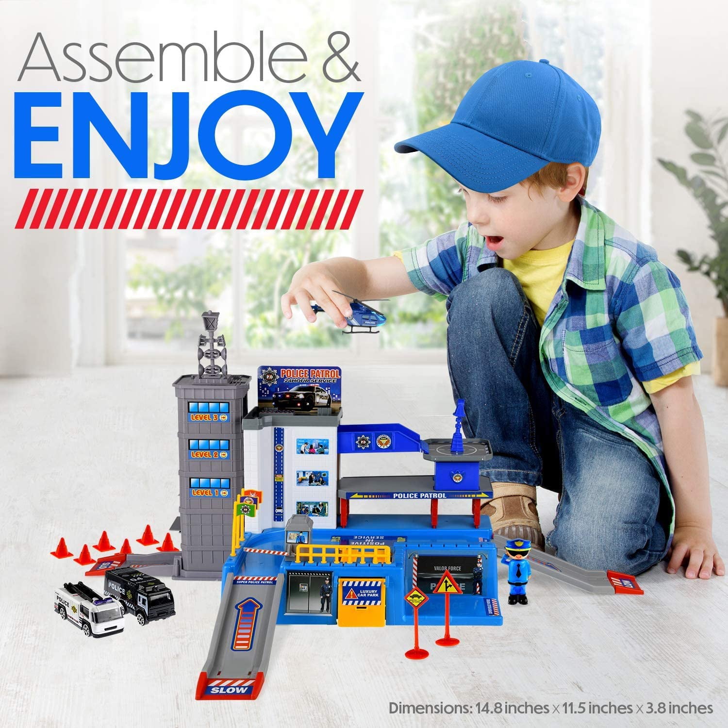 Police Car Toys for Boys - Matchbox Cars Playsets - Parking Lot Car Toys with Matchbox Track， Garage， 6 Police Car Toy Vehicles， 2 Police Men， 1 Helicopter - Toysical