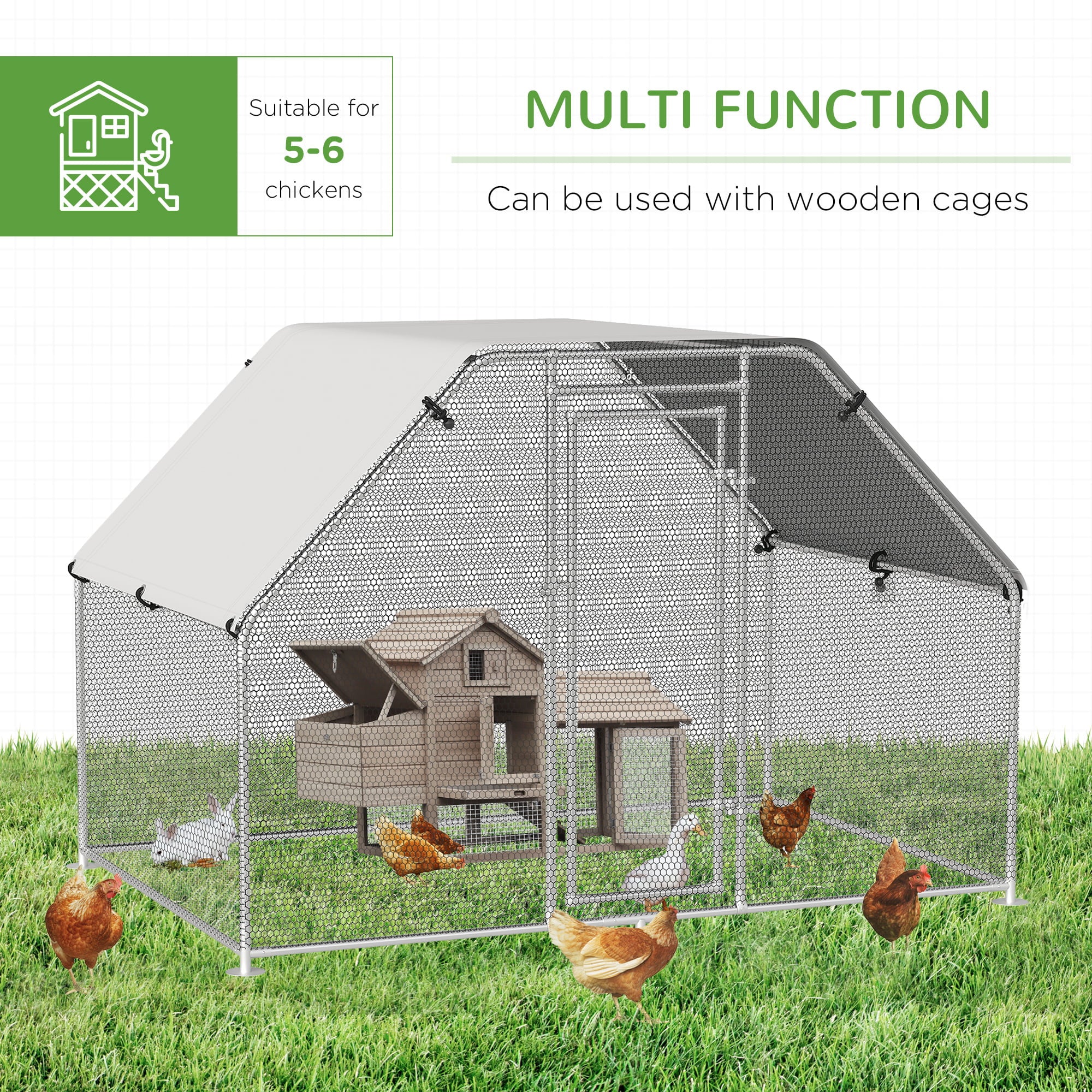 PawHut 6' Metal Chicken Coop Run with Roof， Walk-In Chicken Coop Fence， Chicken House Chicken Cage Outdoor Chicken Pen Hen House