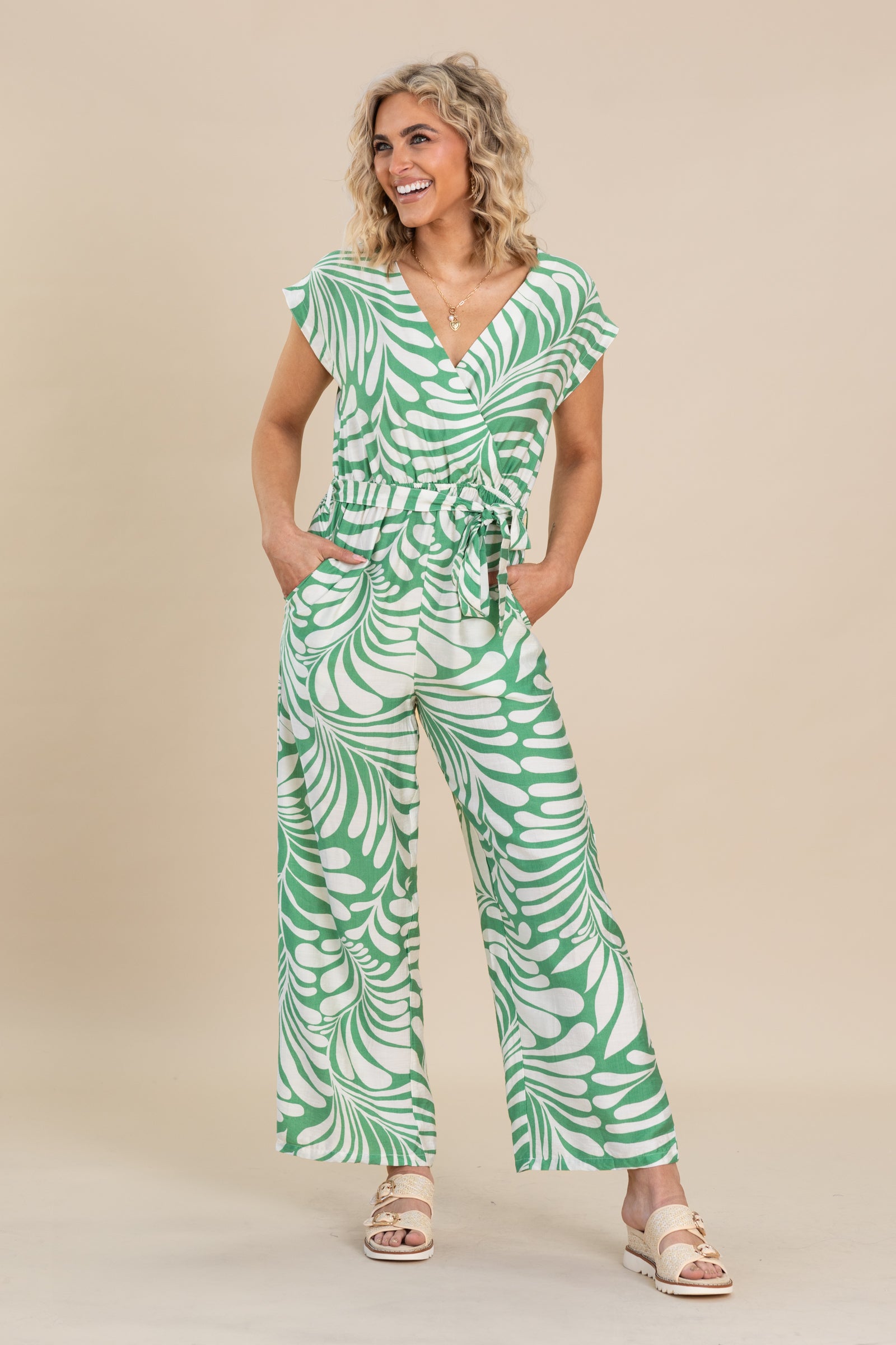 Green Surplice Belted Waist Printed Jumpsuit