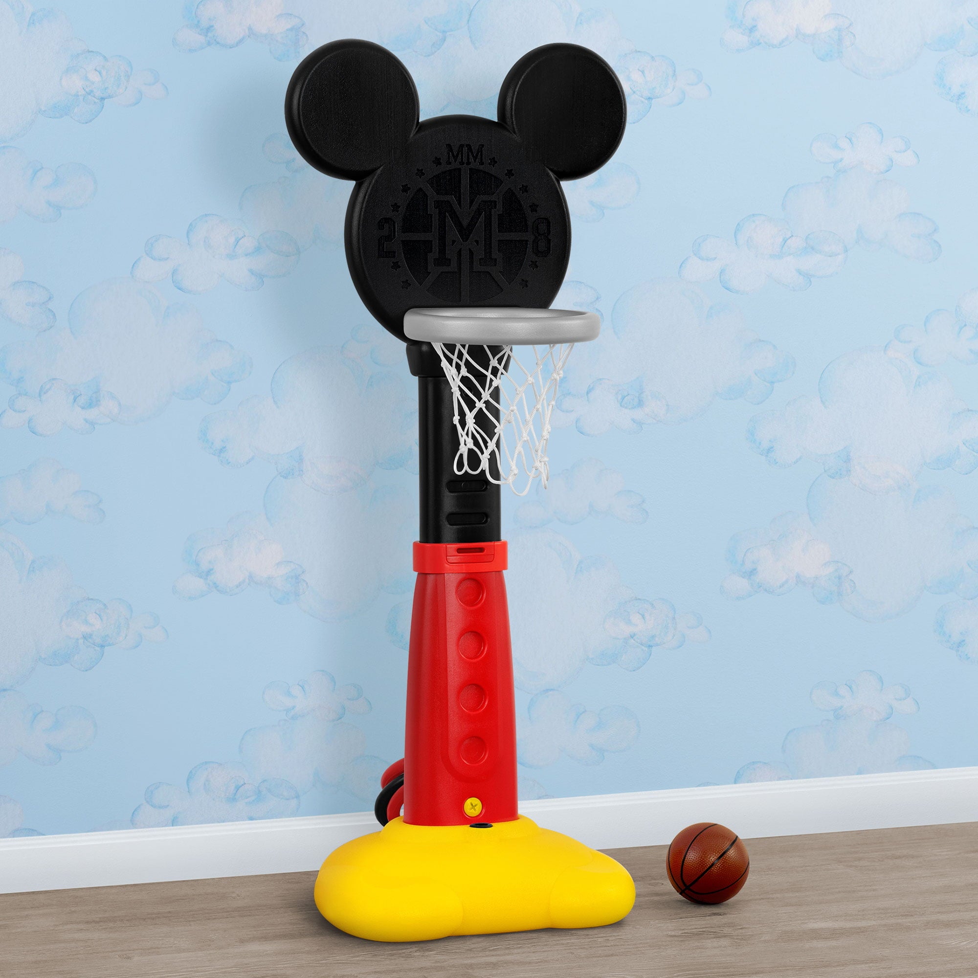 Disney Mickey Mouse Plastic Basketball Set by Delta Children – Includes Basketball Hoop， 1 Basketball， Ring Toss Game with 3 Rings， Growth Cart and Ball Pump