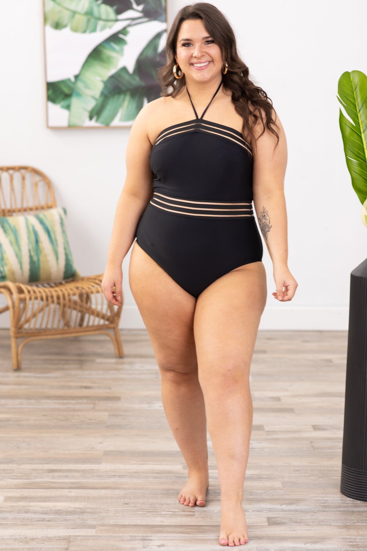 Black Halter Neck One Piece Swimsuit