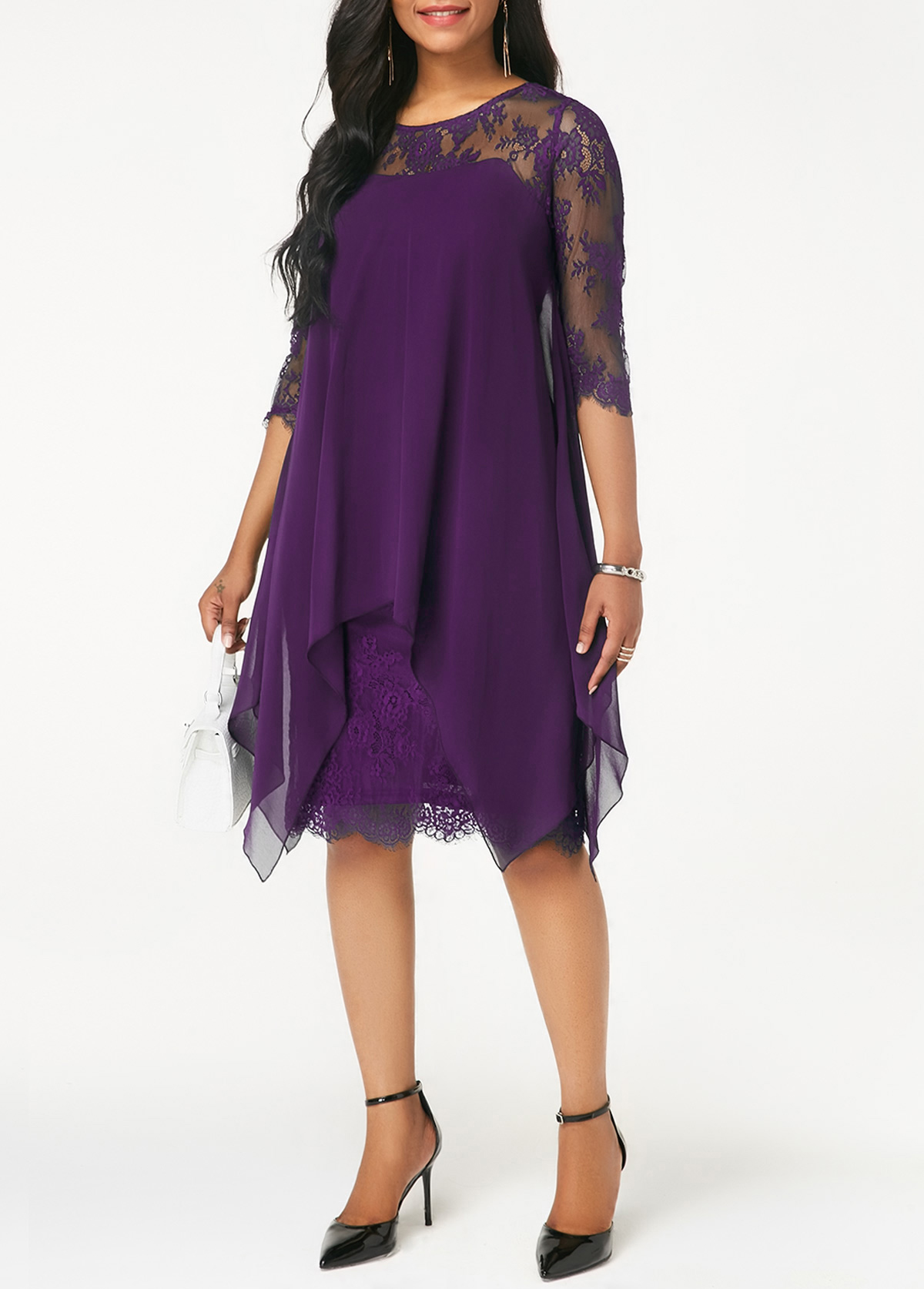 Chiffon Overlay Three Quarter Sleeve Lace Dress