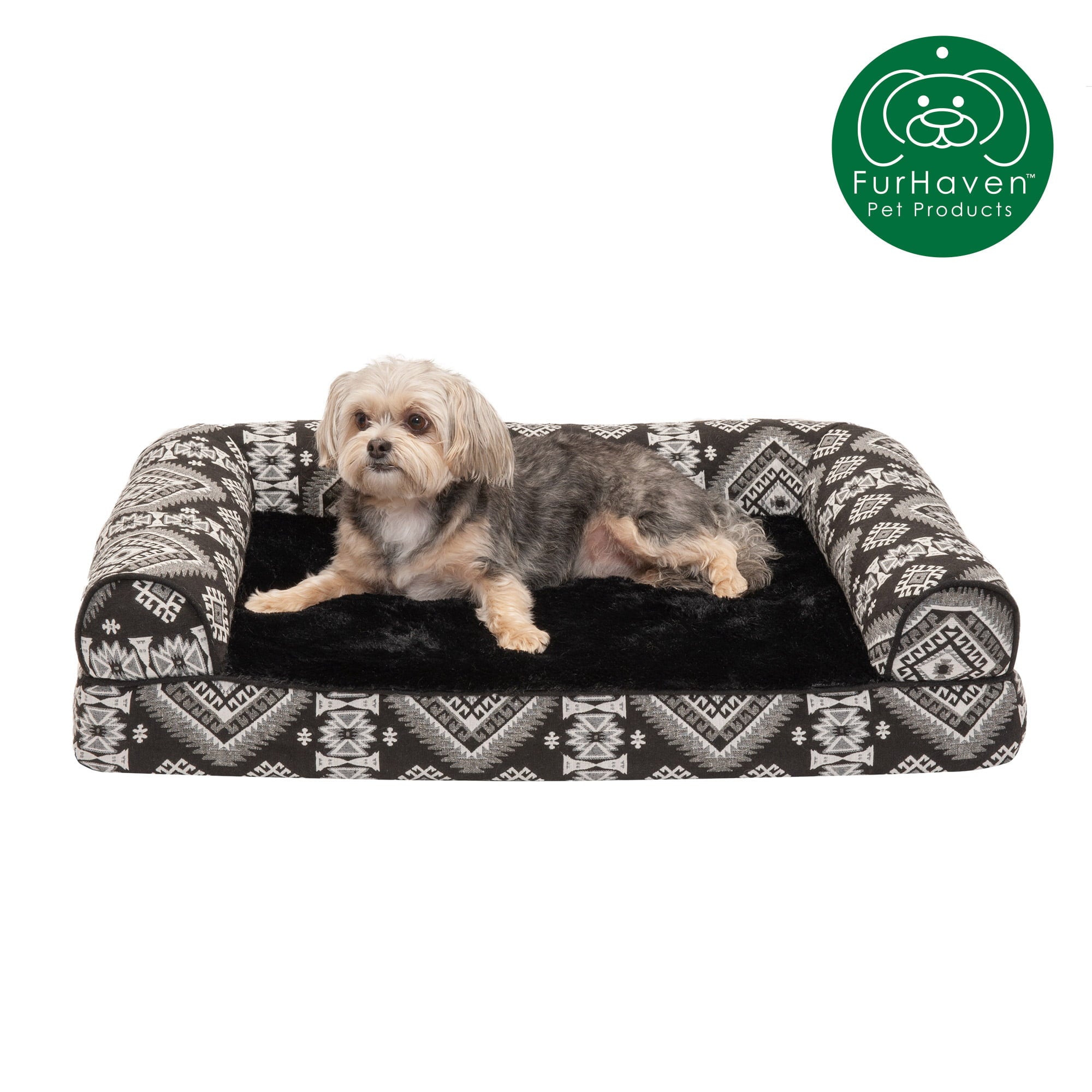 FurHaven Pet Product | Memory Foam Southwest Kilim Sofa Pet Bed for Dogs and Cats - Black Medallion， Medium