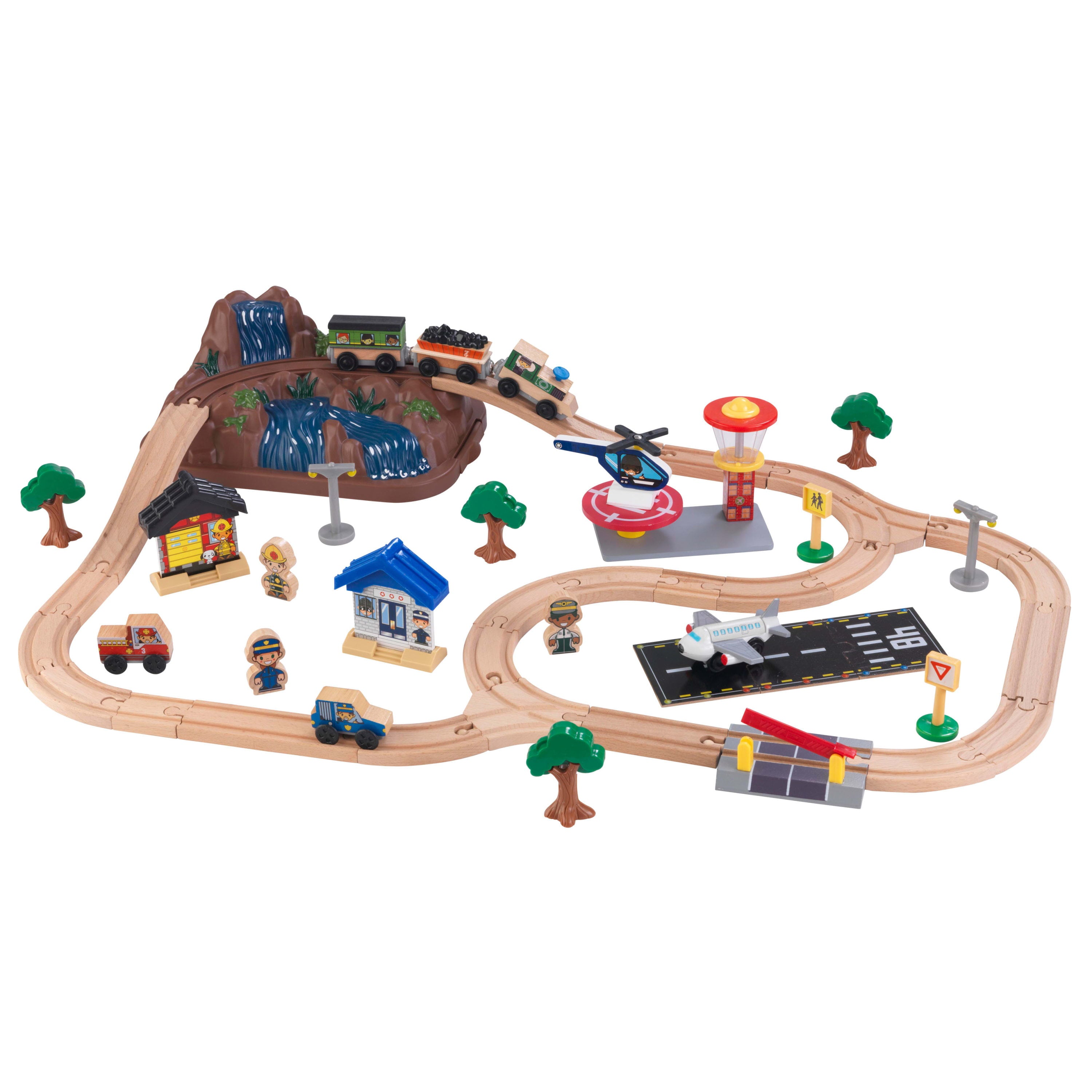 KidKraft Wooden Bucket Top Mountain Train Set with 61 Pieces， Magnetic Train， and Storage