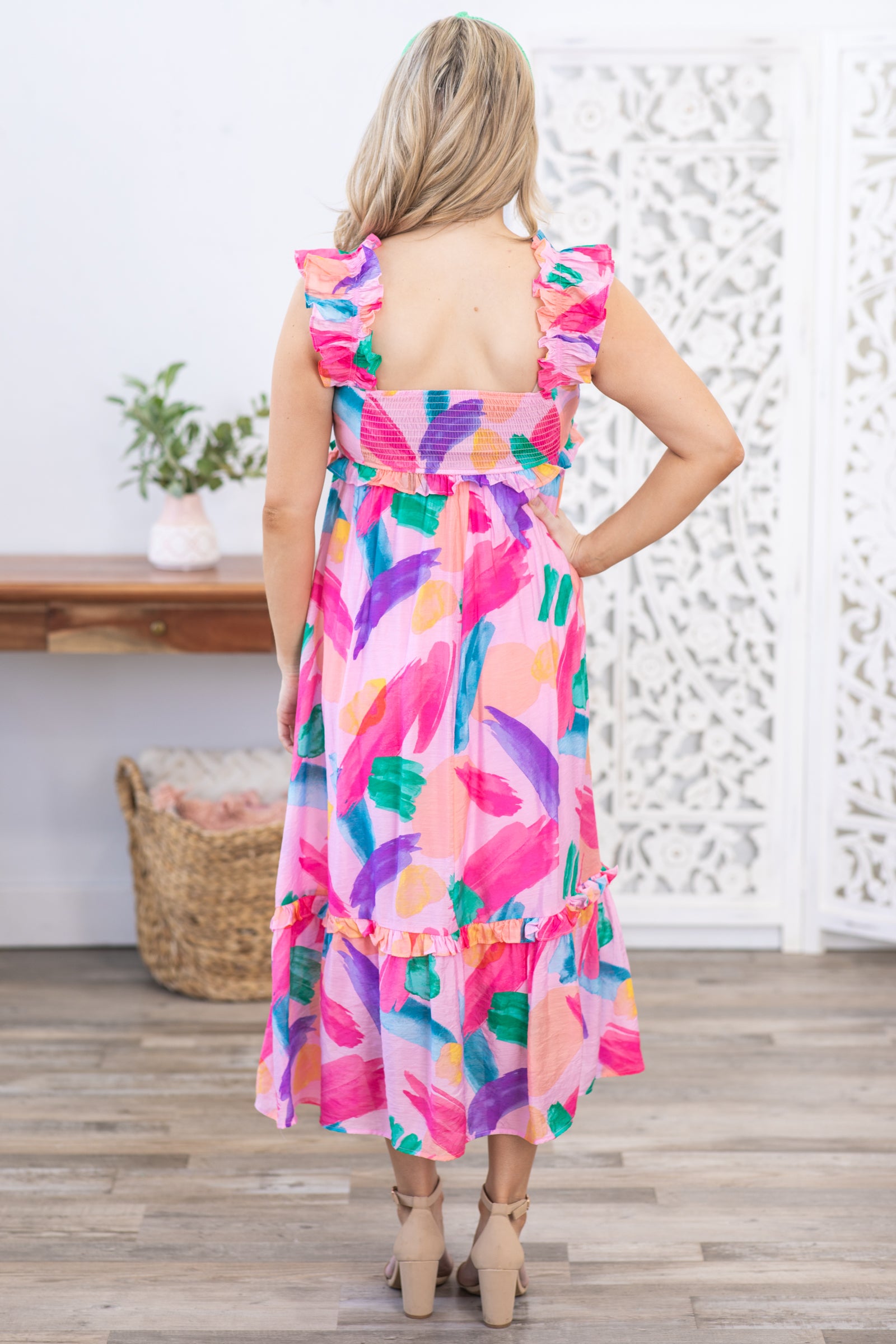 Pink Multicolor Ruffle Straps Midi Dress