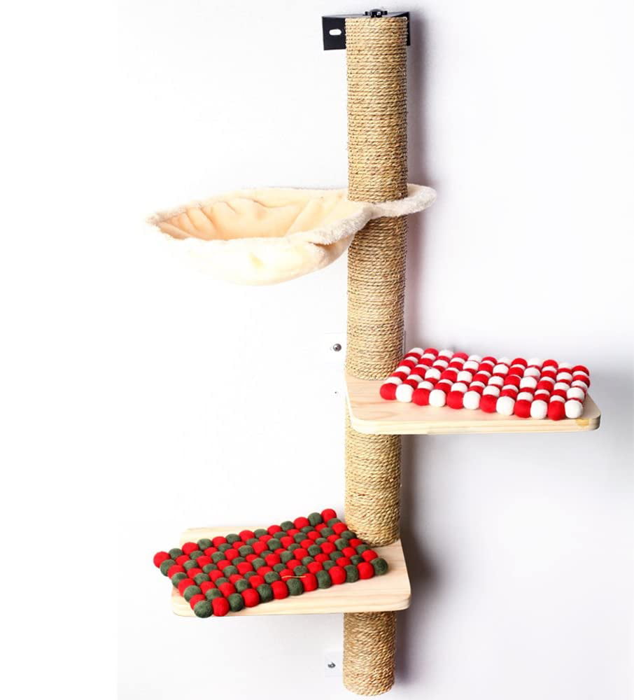Wall Mounted Cat Scratching Post Multi Level Cat Shelves with Solid Wood Steps and Sunny Seat Hammock