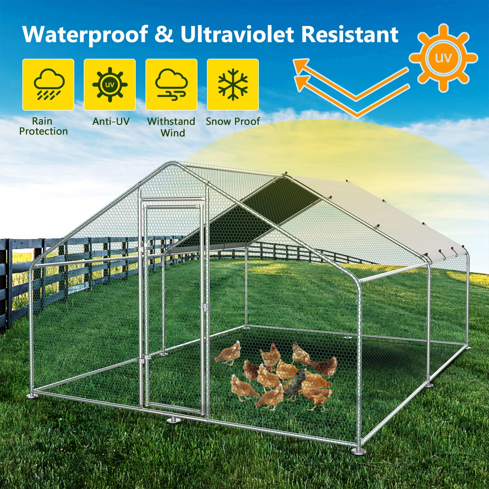 Vantic Large Metal Chicken Coop Run， Walk-in Poultry Cage Chicken Runs House for Yard with Waterproof Cover， Ducks Rabbits Habitat Cage Spire Shaped Coop for Outdoor Farm Use(10'L x 13'W x 6.56'H)