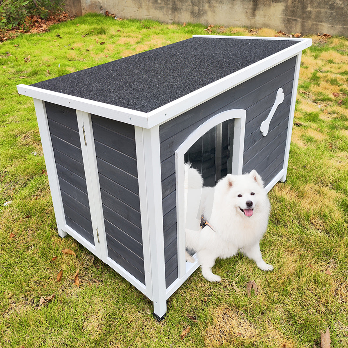 ZPL 38 Inch Wooden Dog House Outdoor Indoor Pet Kennel for Winter w/ Anti Chewing Frame and Raised Feet， Weatherproof Hut for Small Medium Large Dogs