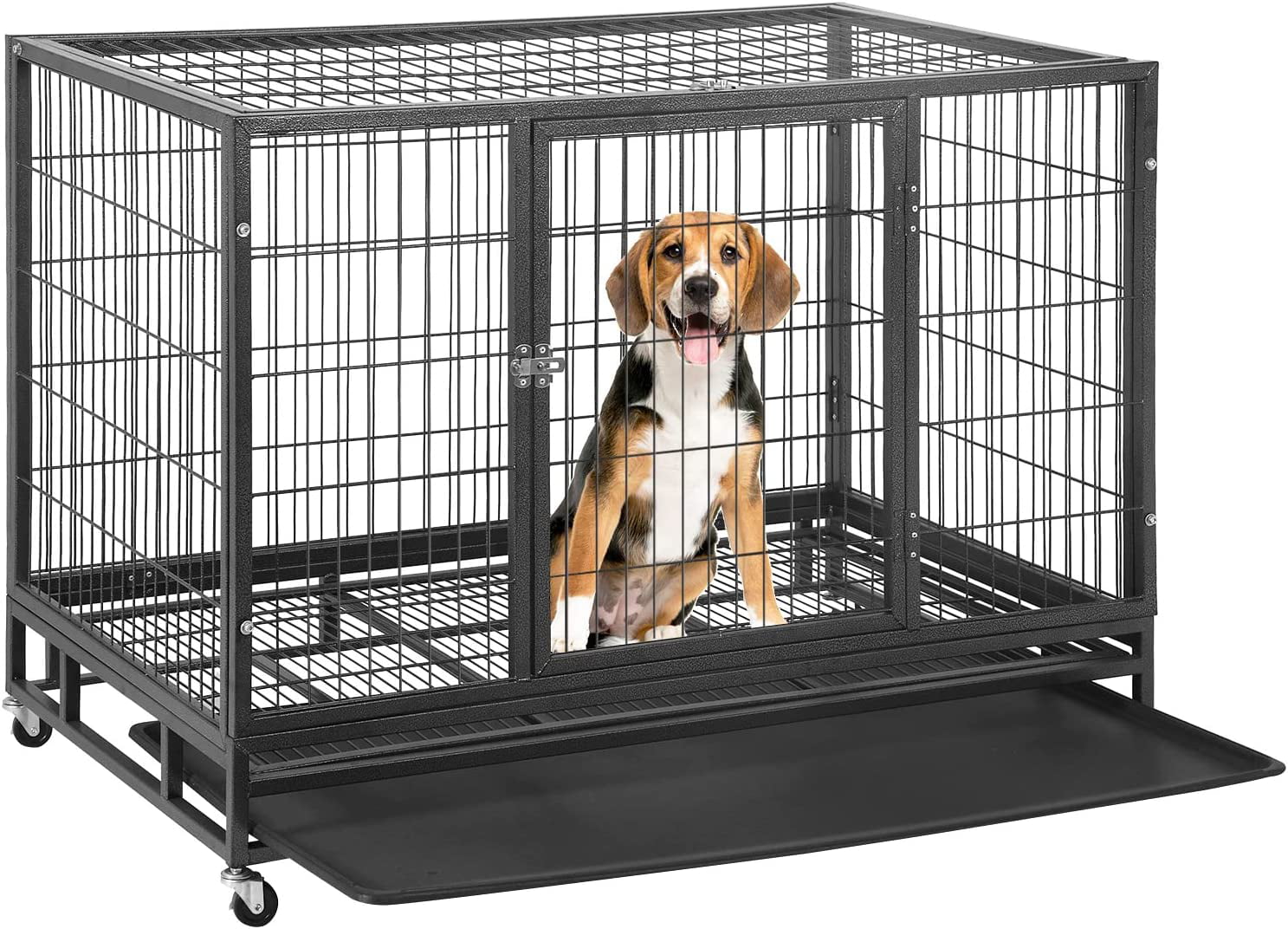 BestPet 48 inch Heavy Duty Dog Cage Large Dog Crate Strong Metal Dog Kennels with Double Doors，Lockable Wheels， Indoor Outdoor Dog Crates for Medium and Large Dogs with Removable Tray