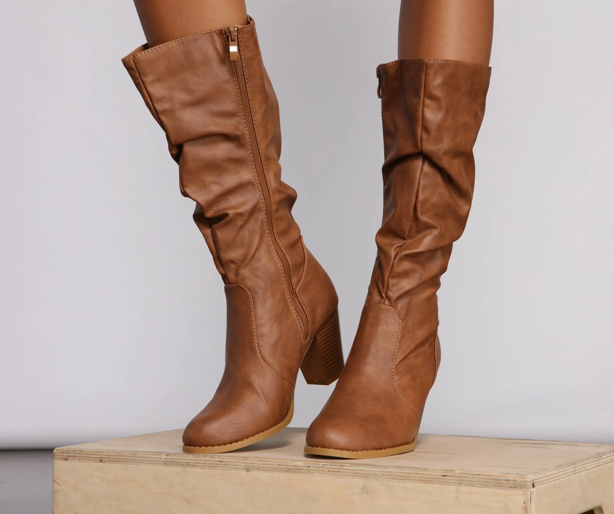 Faux Leather Slouched Knee-High Boots